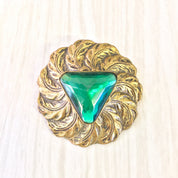 Vintage Gold Tone Brooch | Vintage Jewelry | Costume Jewelry | Green | Gold | Pin | Brooch | Feather | Round Brooch | Valentines Day
