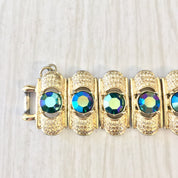 Vintage Gold Bracelet, Gold Tone Bracelet, Link Bracelet, Vintage Jewelry, Costume Jewelry, Blue, Green, Opalescent, Purple, Sparkle, Gift
