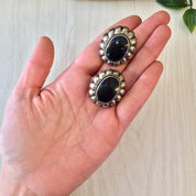 Vintage Silver Earrings, Clip On Earrings, Sterling Silver, Southwestern Style, Black Earrings, Vintage Jewelry, Black Onyx, Big Earrings