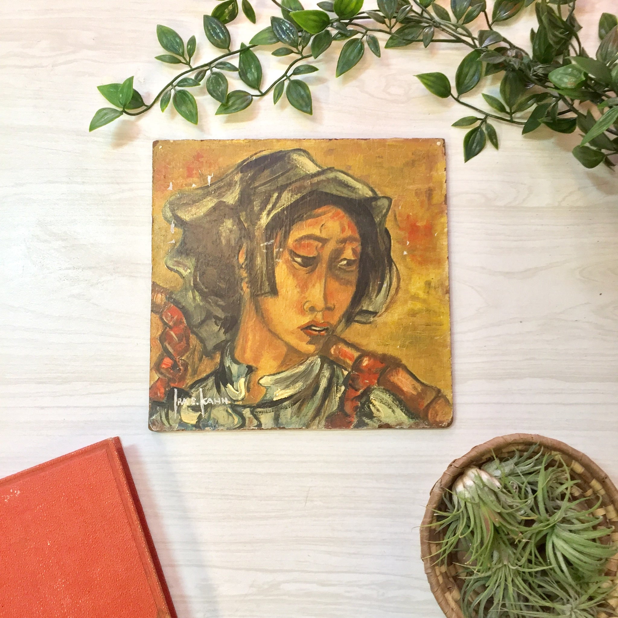 Vintage Painting | Painting | Vintage Home Decor | Tile Art | Square Tile Art | Colorful Painting | Ira Kahn | Particle Board | Vintage Art