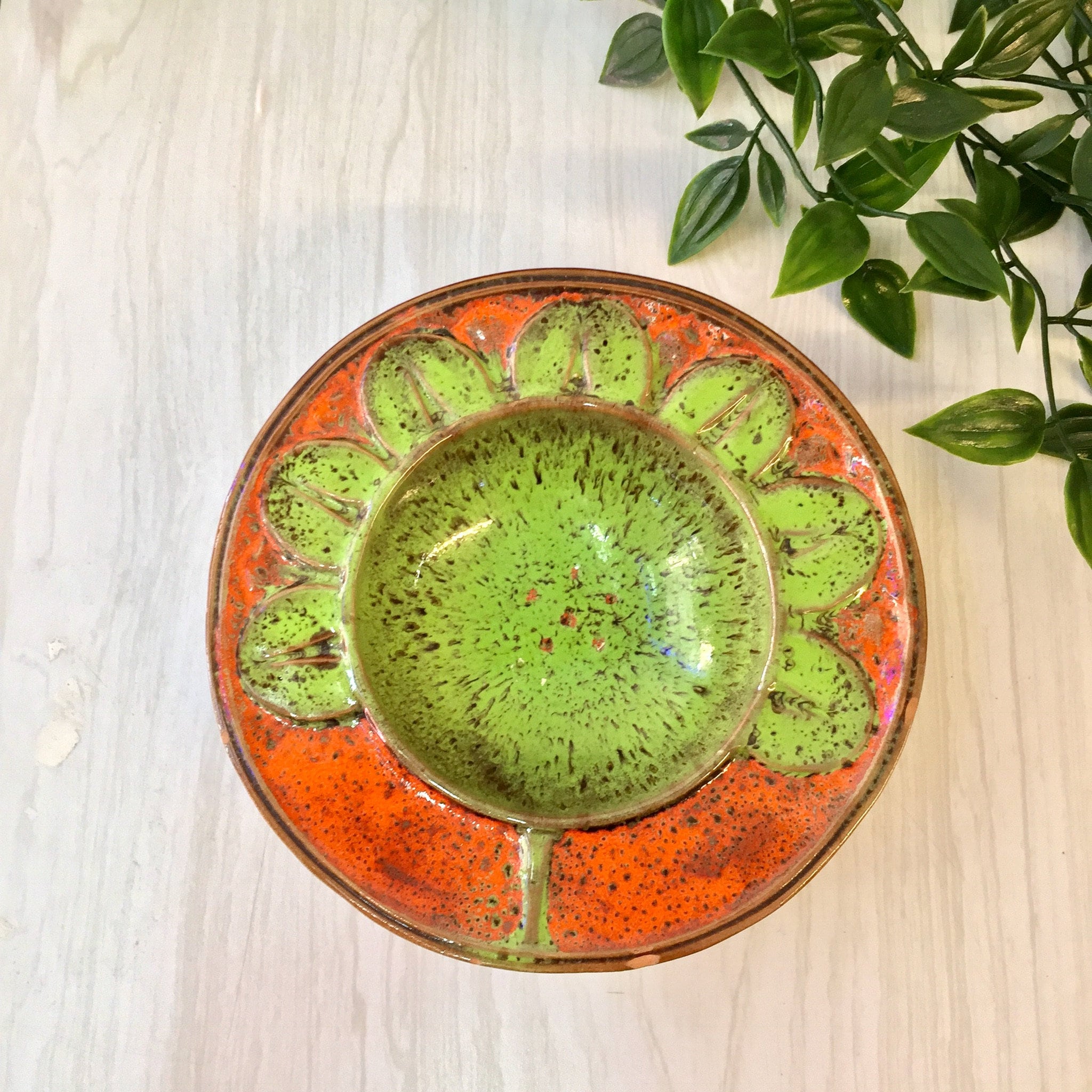 Vintage Ceramic Bowl, Vintage Home Decor, Made in Italy, Glazed Pottery, Italian Pottery, Green, Orange, Brown, Speckled, Gift for Mom, Dish