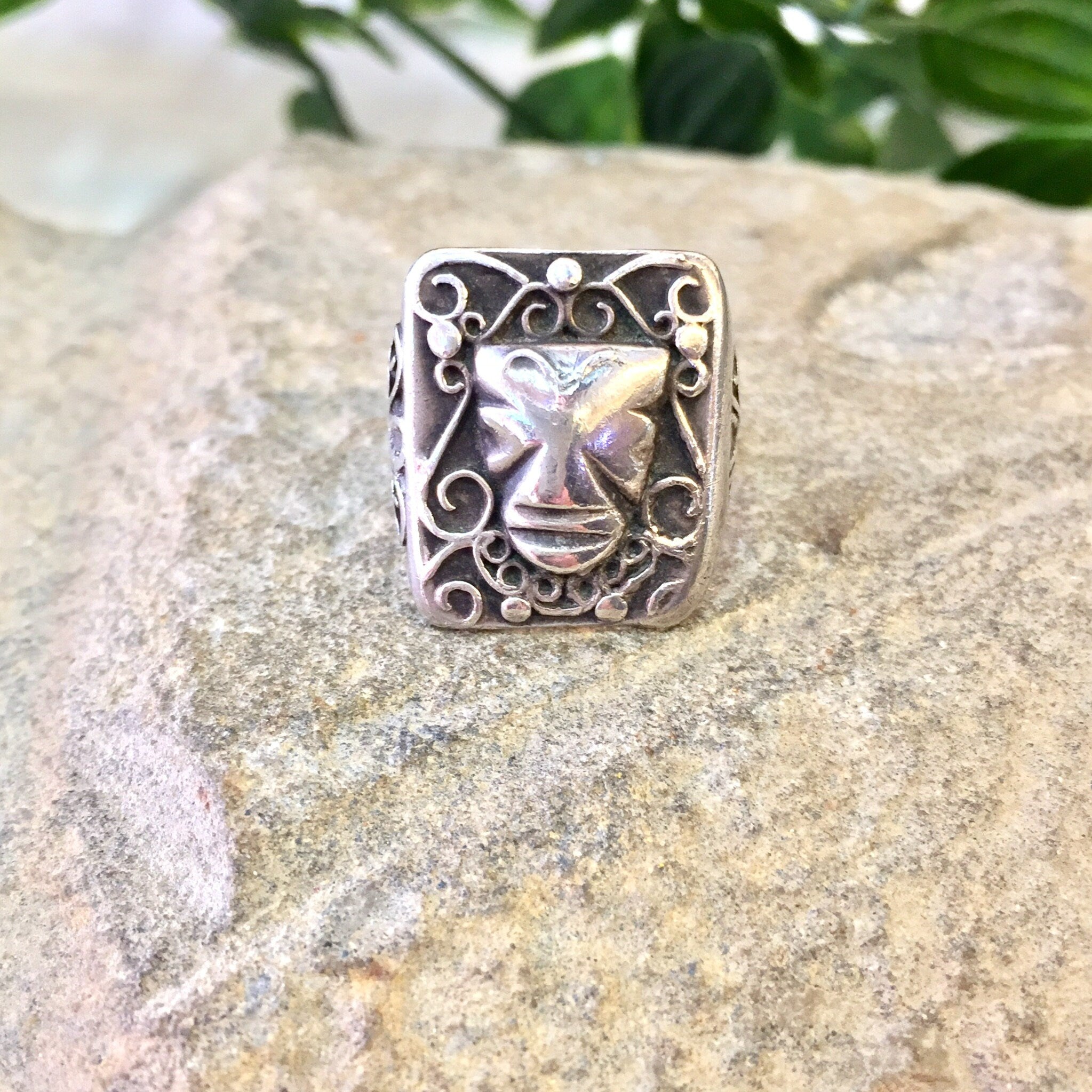 Vintage Silver Ring, Sterling Silver, Vintage Jewelry, Mask Ring, Face Ring, Tribal Jewelry, Ethnic Jewelry, Rectangle Ring, Abstract Ring