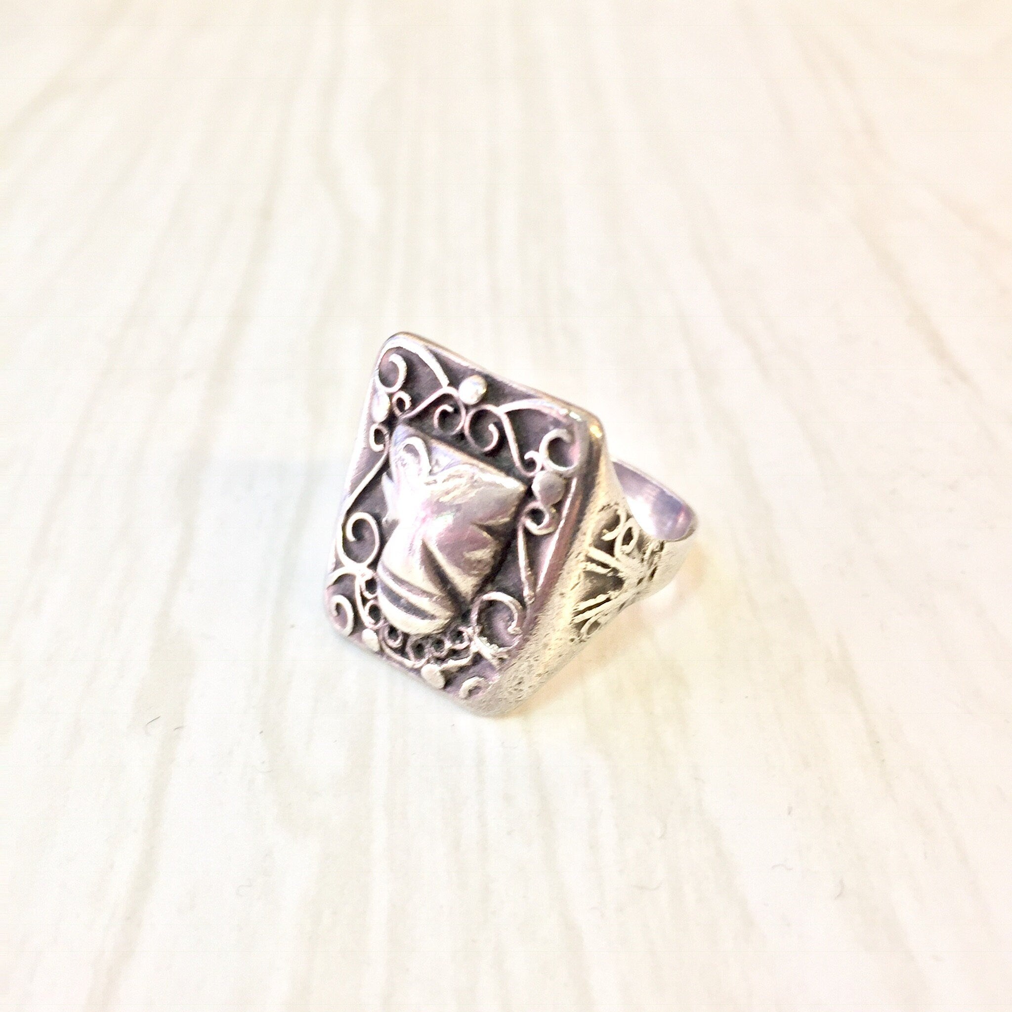 Vintage Silver Ring, Sterling Silver, Vintage Jewelry, Mask Ring, Face Ring, Tribal Jewelry, Ethnic Jewelry, Rectangle Ring, Abstract Ring