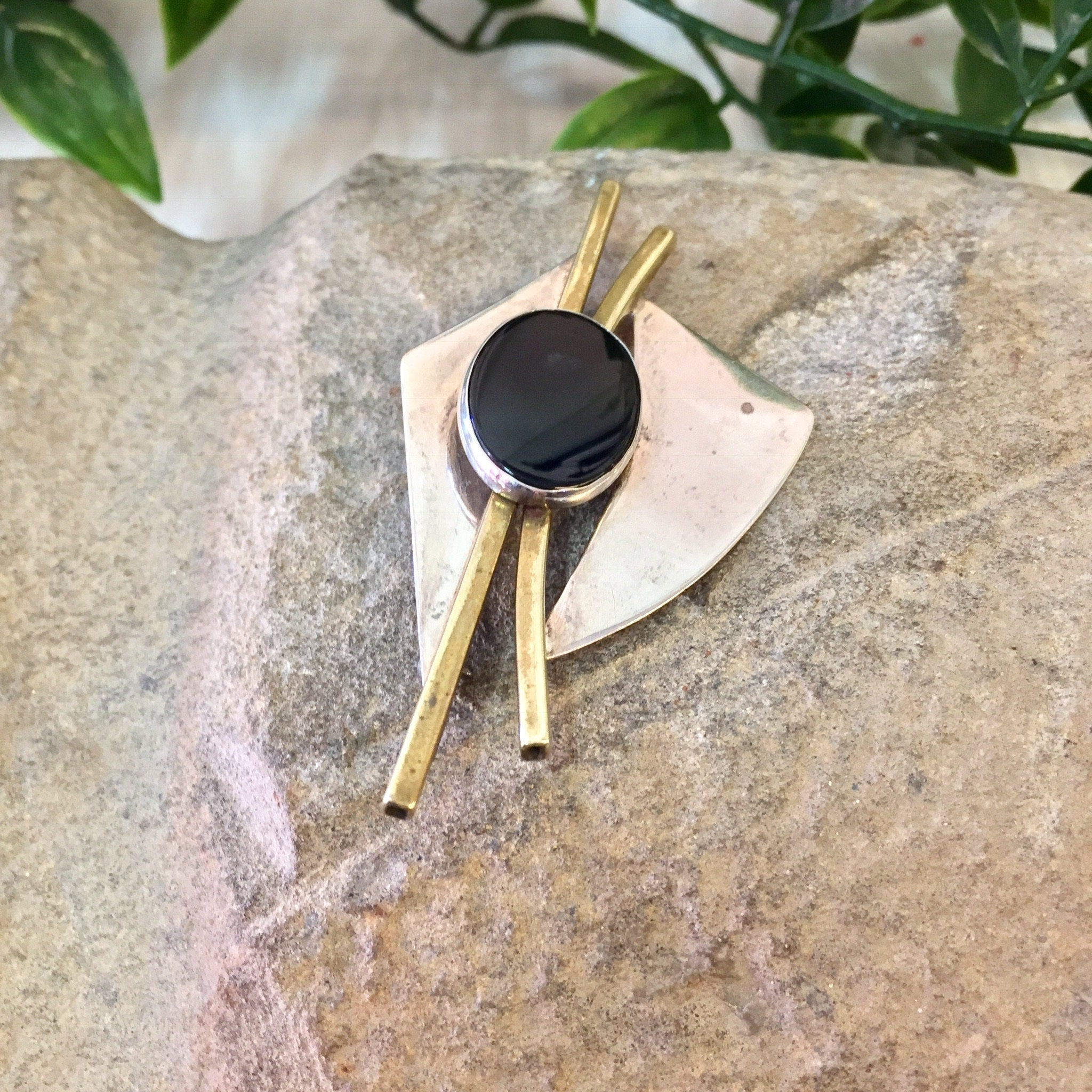Vintage Silver Brooch, Abstract Brooch, Sterling Silver, Vintage Jewelry, Black Onyx, Brass Brooch, Pin, Black Bead, Gift for Mom, Unique