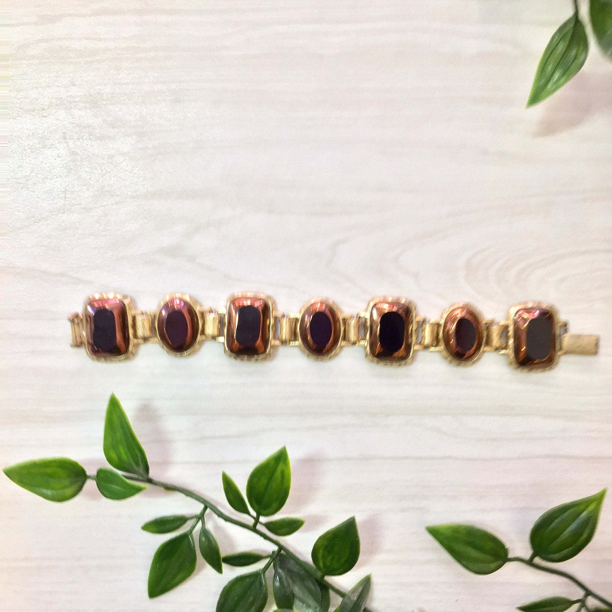 Gold Tone Bracelet, Vintage Bracelet, Brown Beads, Oval Bead, Rectangular Beads, Vintage Jewelry, Vintage Costume Jewelry, Statement Jewelry