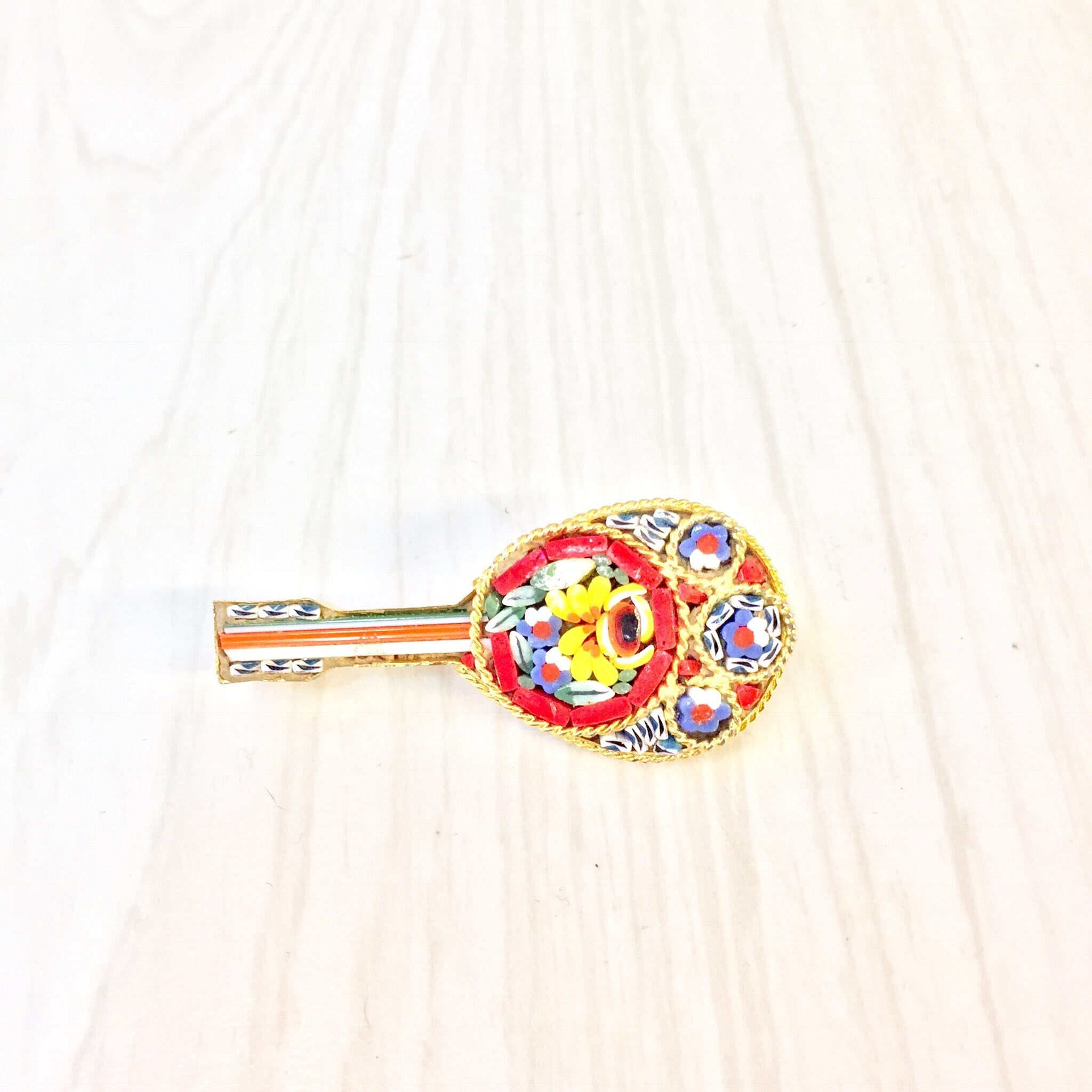 Vintage Millefiori Brooch | Gold Tone Brooch | Made In Italy | Millefiori Jewelry | Vintage Jewelry | Guitar Brooch | Pin | Red | Blue