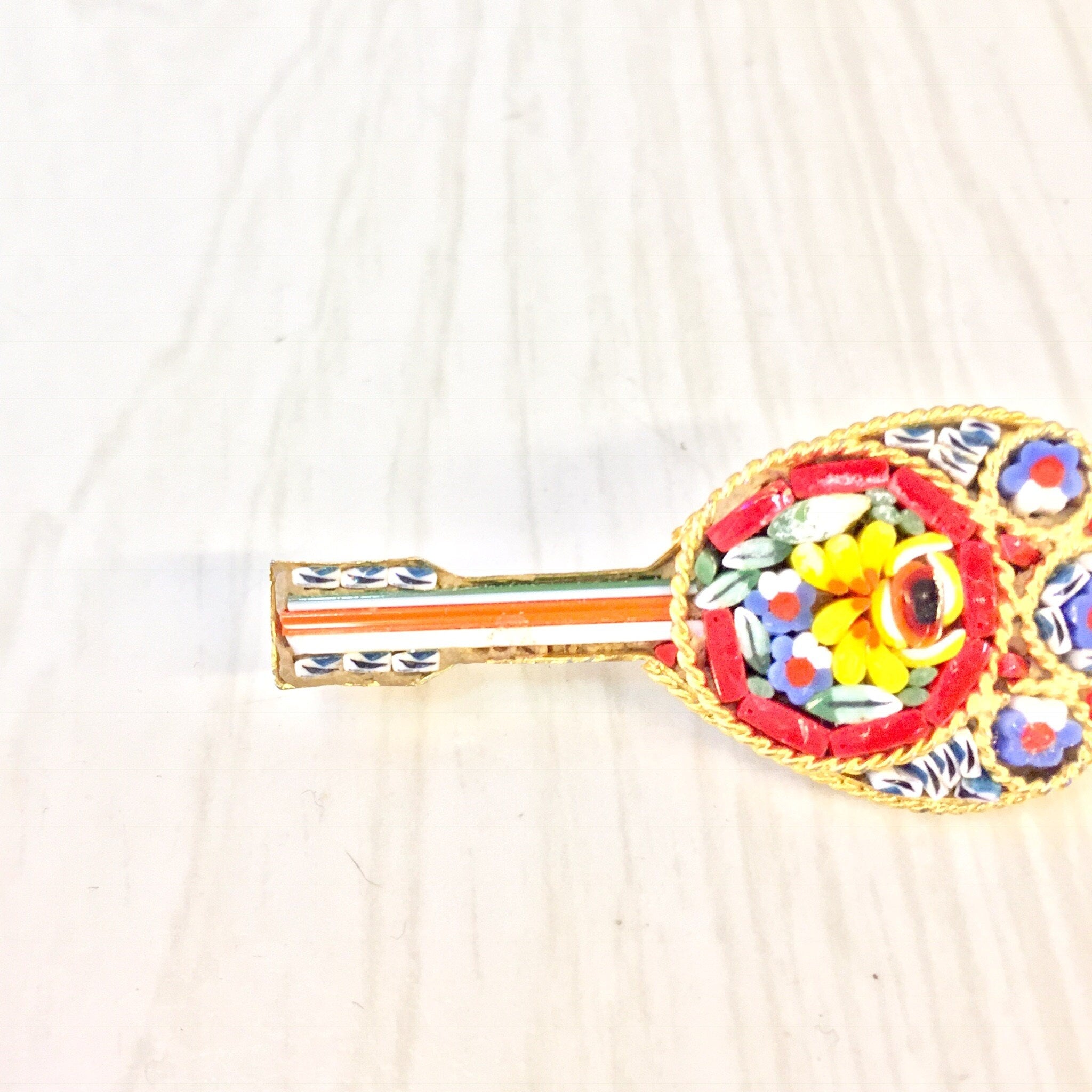 Vintage Millefiori Brooch | Gold Tone Brooch | Made In Italy | Millefiori Jewelry | Vintage Jewelry | Guitar Brooch | Pin | Red | Blue