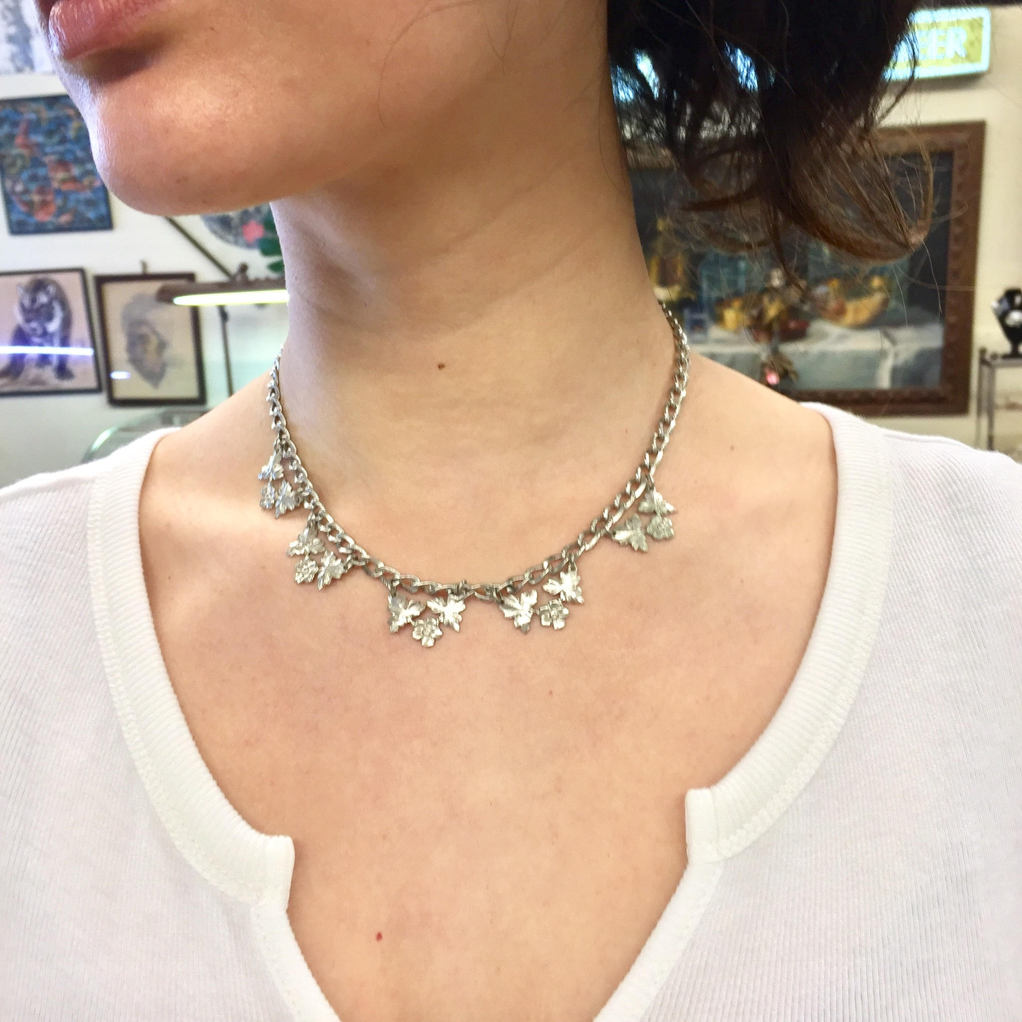 Vintage Silver Necklace | Silver Tone | Vintage Choker | Choker Necklace | Link Necklace | Flower Jewelry | Leaf | Vintage Jewelry |Necklace