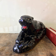 Vintage ceramic black panther figurine with glossy finish and red collar, made in Japan. Decorative small cat sculpture for home decor, mantlepiece, bookcase or cat lover gift.