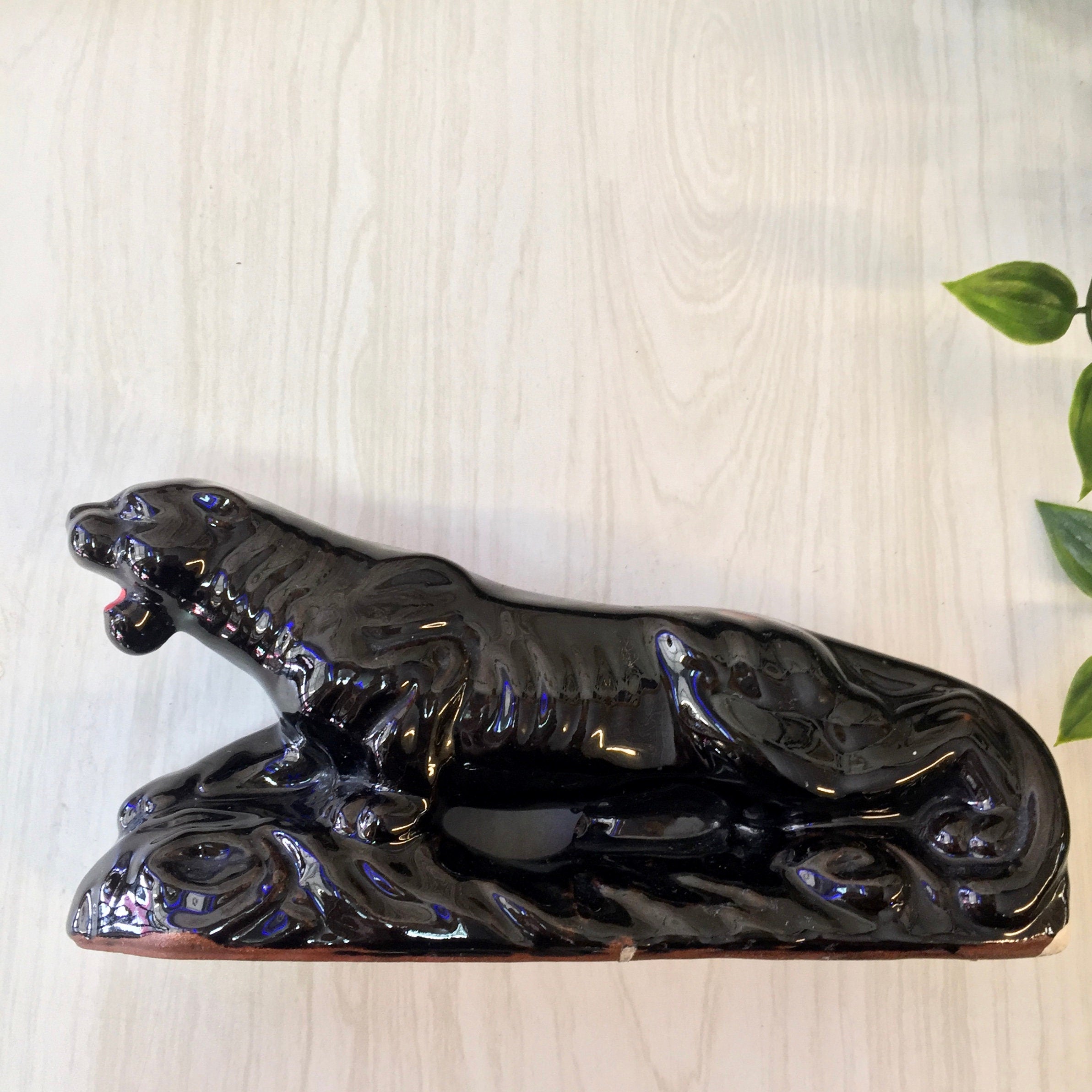 Vintage black ceramic panther figurine from Japan, decorative cat sculpture for home decor, mantle, bookcase or cat lover gift