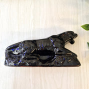 Vintage ceramic black panther figurine with glossy black finish, made in Japan, decorative home decor piece for mantles, bookcases or cat lovers