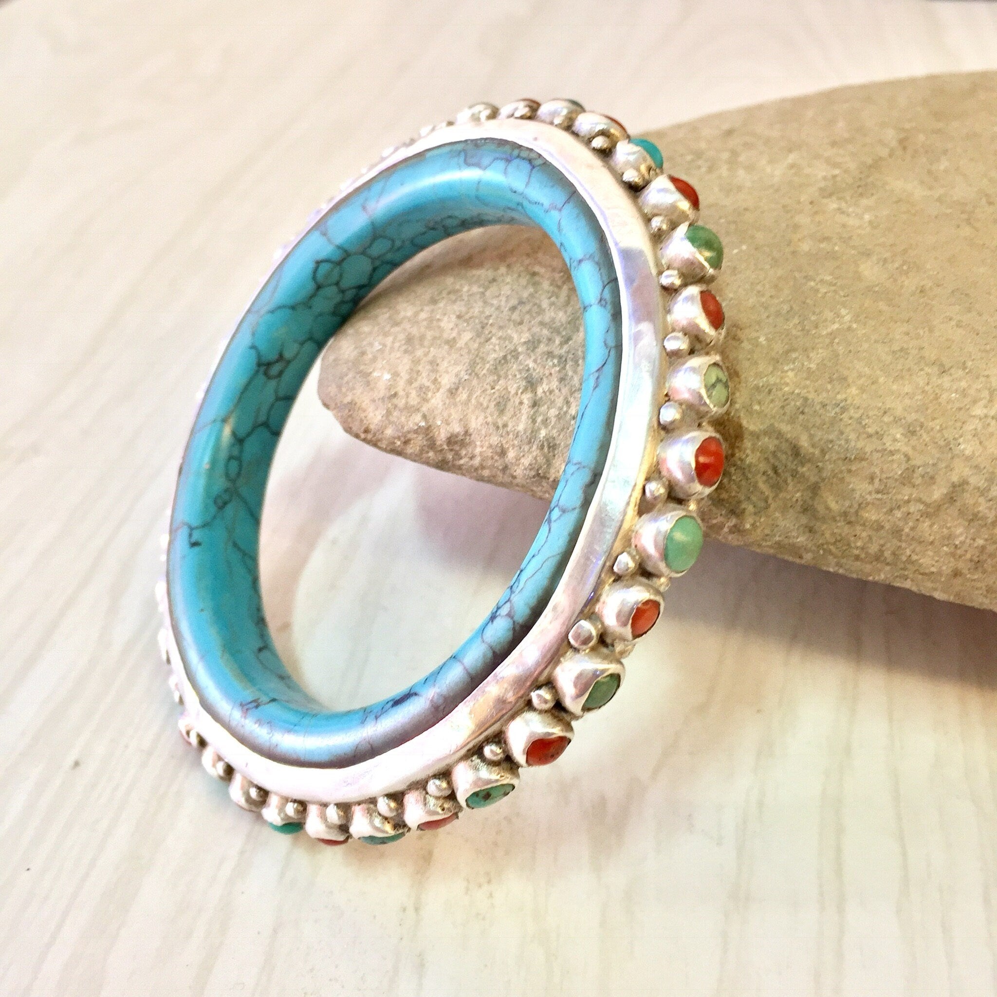 Vintage Silver Bracelet, Turquoise Bracelet, Turquoise Jewelry, Coral Bracelet, Vintage Jewelry, Bangle Bracelet, Sterling Silver, Blue, Red