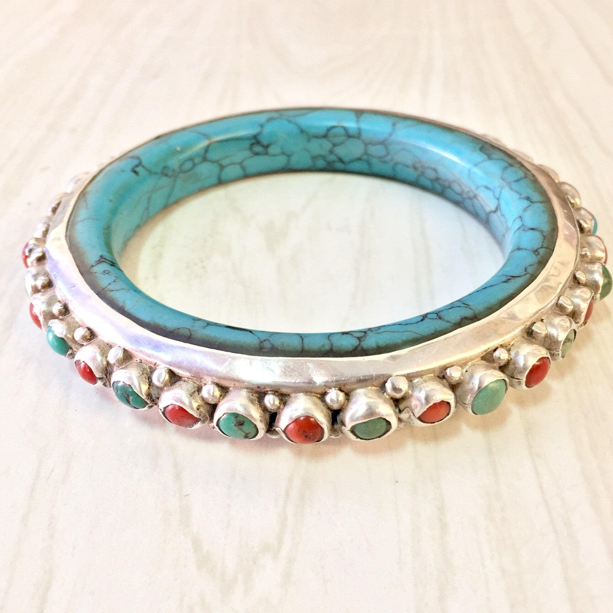Vintage Silver Bracelet, Turquoise Bracelet, Turquoise Jewelry, Coral Bracelet, Vintage Jewelry, Bangle Bracelet, Sterling Silver, Blue, Red