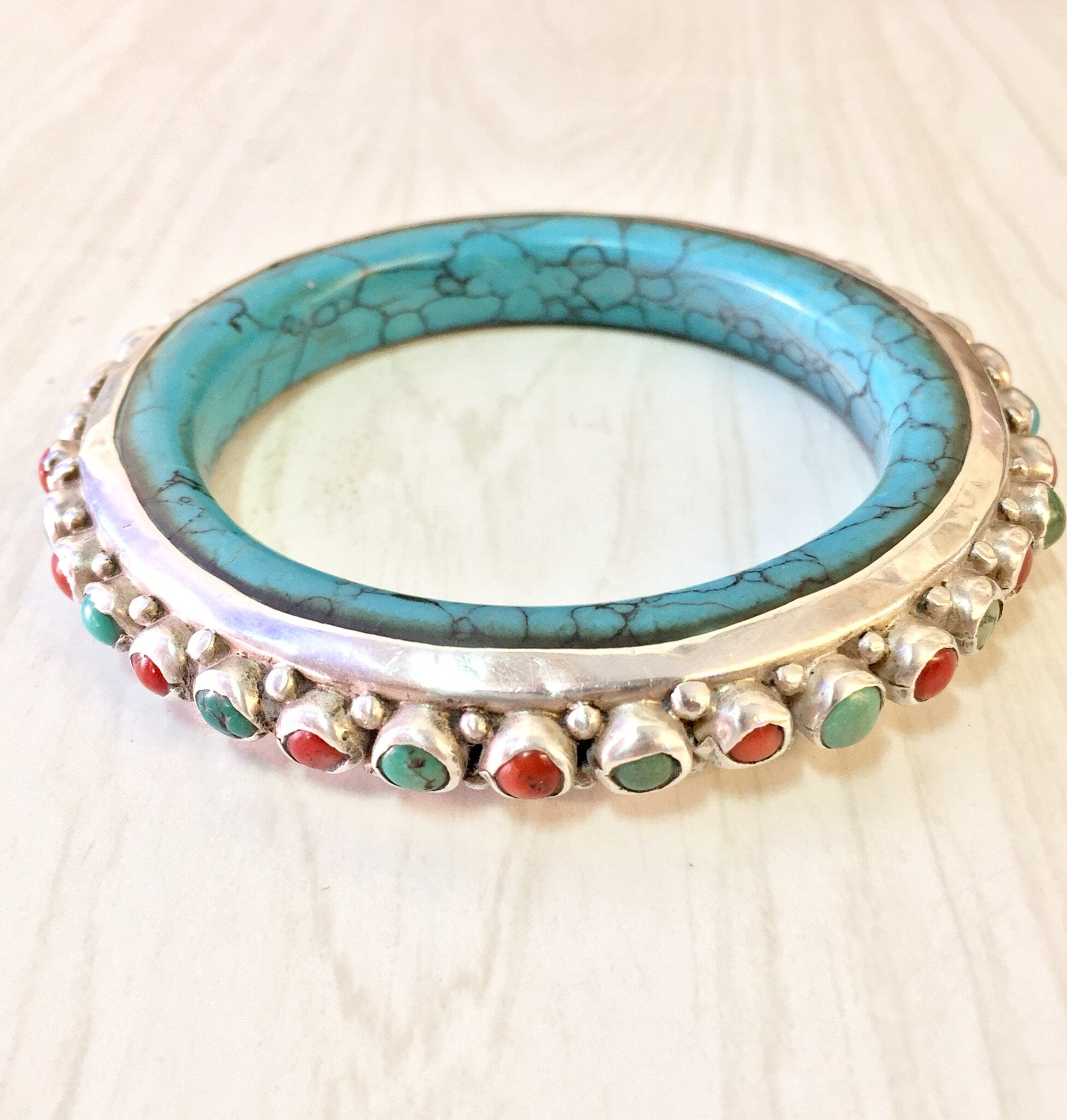 Vintage Silver Bracelet, Turquoise Bracelet, Turquoise Jewelry, Coral Bracelet, Vintage Jewelry, Bangle Bracelet, Sterling Silver, Blue, Red