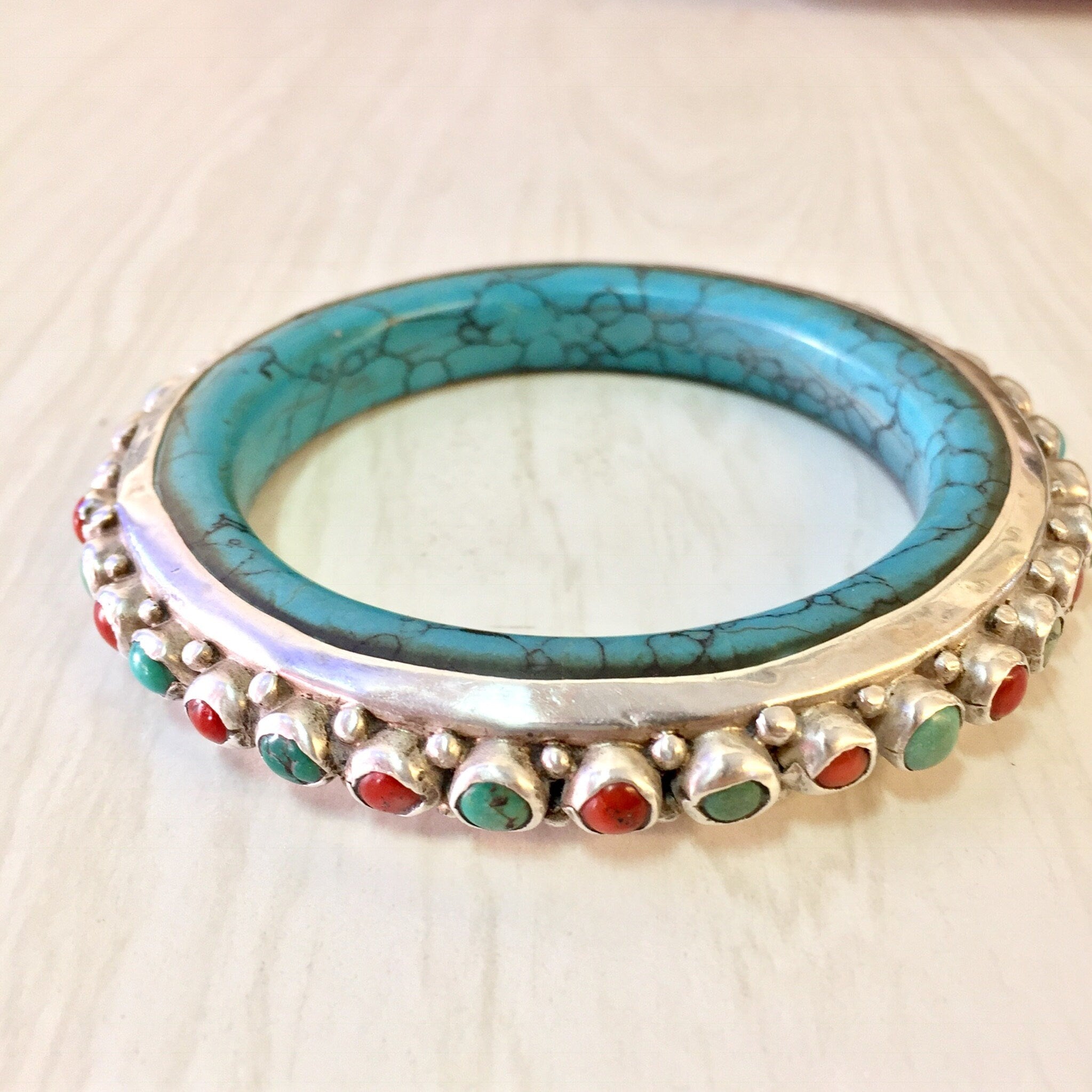 Vintage Silver Bracelet, Turquoise Bracelet, Turquoise Jewelry, Coral Bracelet, Vintage Jewelry, Bangle Bracelet, Sterling Silver, Blue, Red