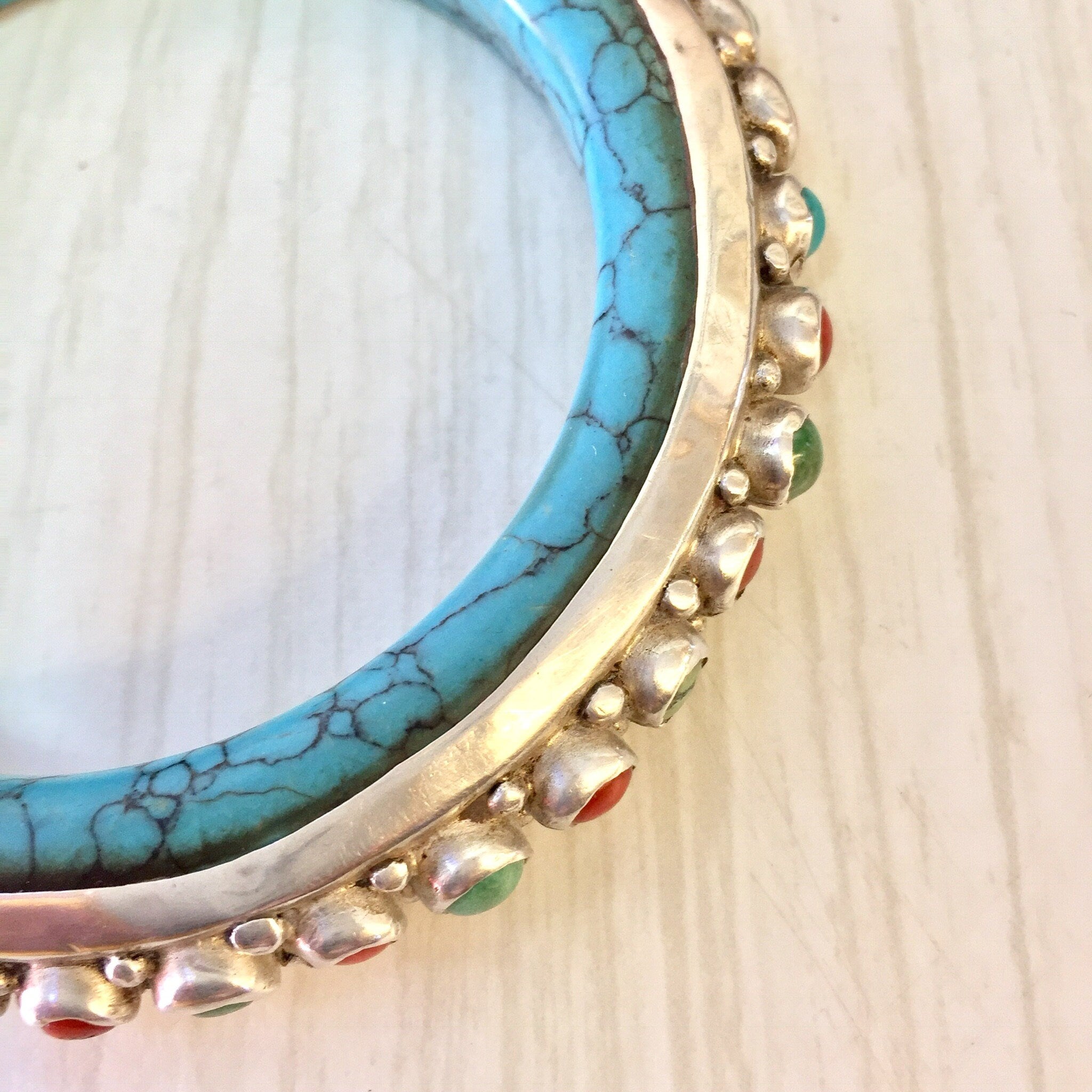 Vintage Silver Bracelet, Turquoise Bracelet, Turquoise Jewelry, Coral Bracelet, Vintage Jewelry, Bangle Bracelet, Sterling Silver, Blue, Red