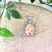 Vintage Silver Pendant, Natural Stone, Sunburst, Sterling Silver, Vintage Jewelry, Made in Mexico, Vintage Necklace, Pendant, Agate, Pink