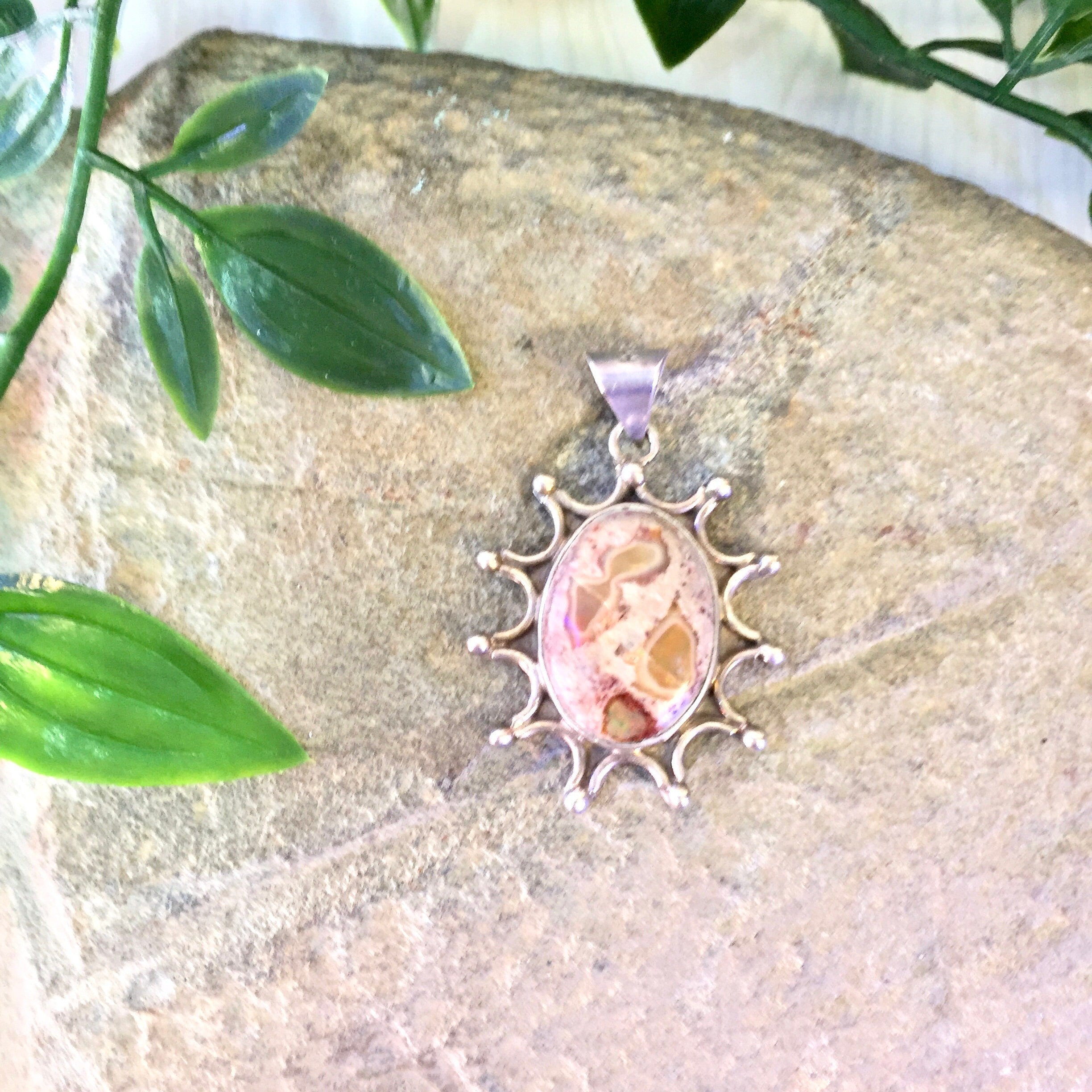 Vintage Silver Pendant, Natural Stone, Sunburst, Sterling Silver, Vintage Jewelry, Made in Mexico, Vintage Necklace, Pendant, Agate, Pink