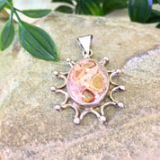 Vintage Silver Pendant, Natural Stone, Sunburst, Sterling Silver, Vintage Jewelry, Made in Mexico, Vintage Necklace, Pendant, Agate, Pink