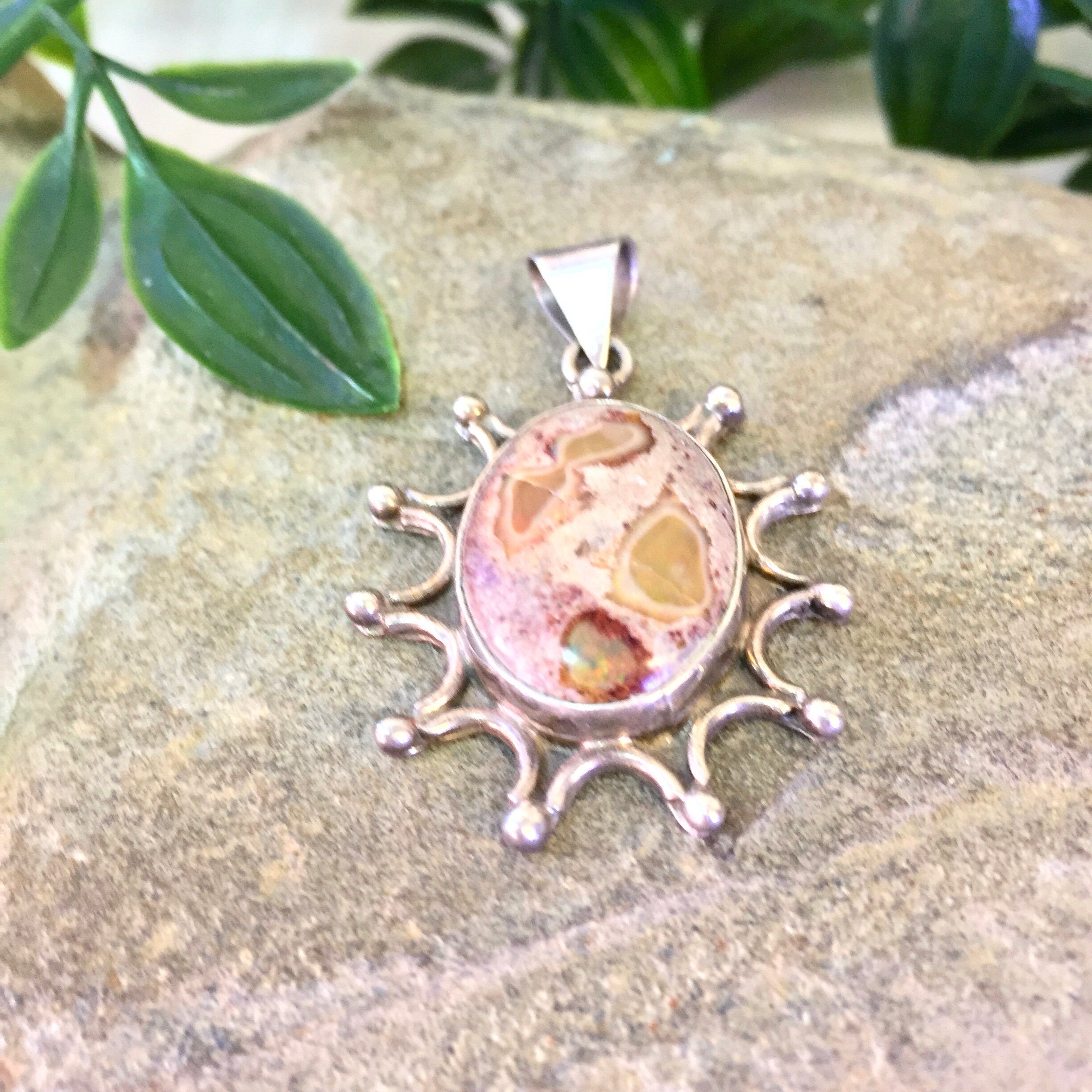 Vintage Silver Pendant, Natural Stone, Sunburst, Sterling Silver, Vintage Jewelry, Made in Mexico, Vintage Necklace, Pendant, Agate, Pink