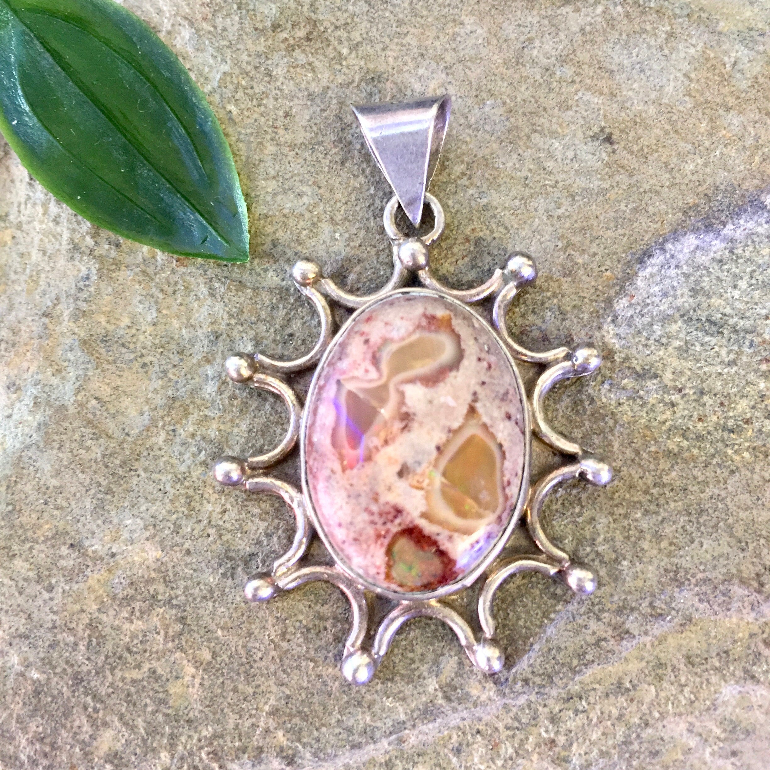 Vintage Silver Pendant, Natural Stone, Sunburst, Sterling Silver, Vintage Jewelry, Made in Mexico, Vintage Necklace, Pendant, Agate, Pink