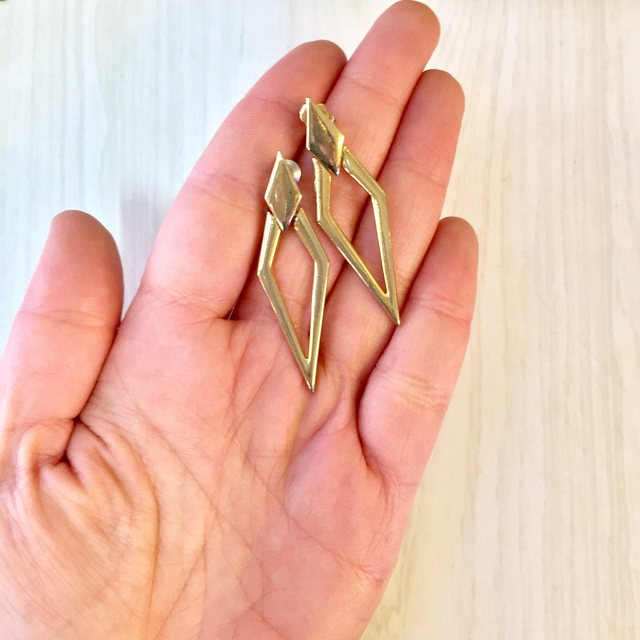 Vintage Earrings, Gold Earrings, Gold Tone Earrings, Geometric Earrings, Retro Jewelry, Vintage Jewelry, Triangle, Diamonds, Costume Jewelry