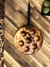 Antique pan copper poached eggs country folk art hand made home decour set vintage kitchenware kitchen