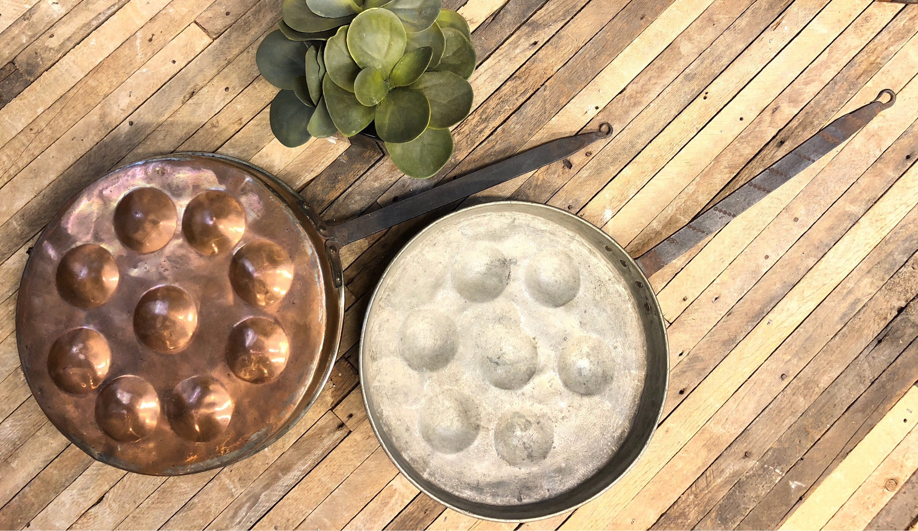 Antique pan copper poached eggs country folk art hand made home decour set vintage kitchenware kitchen
