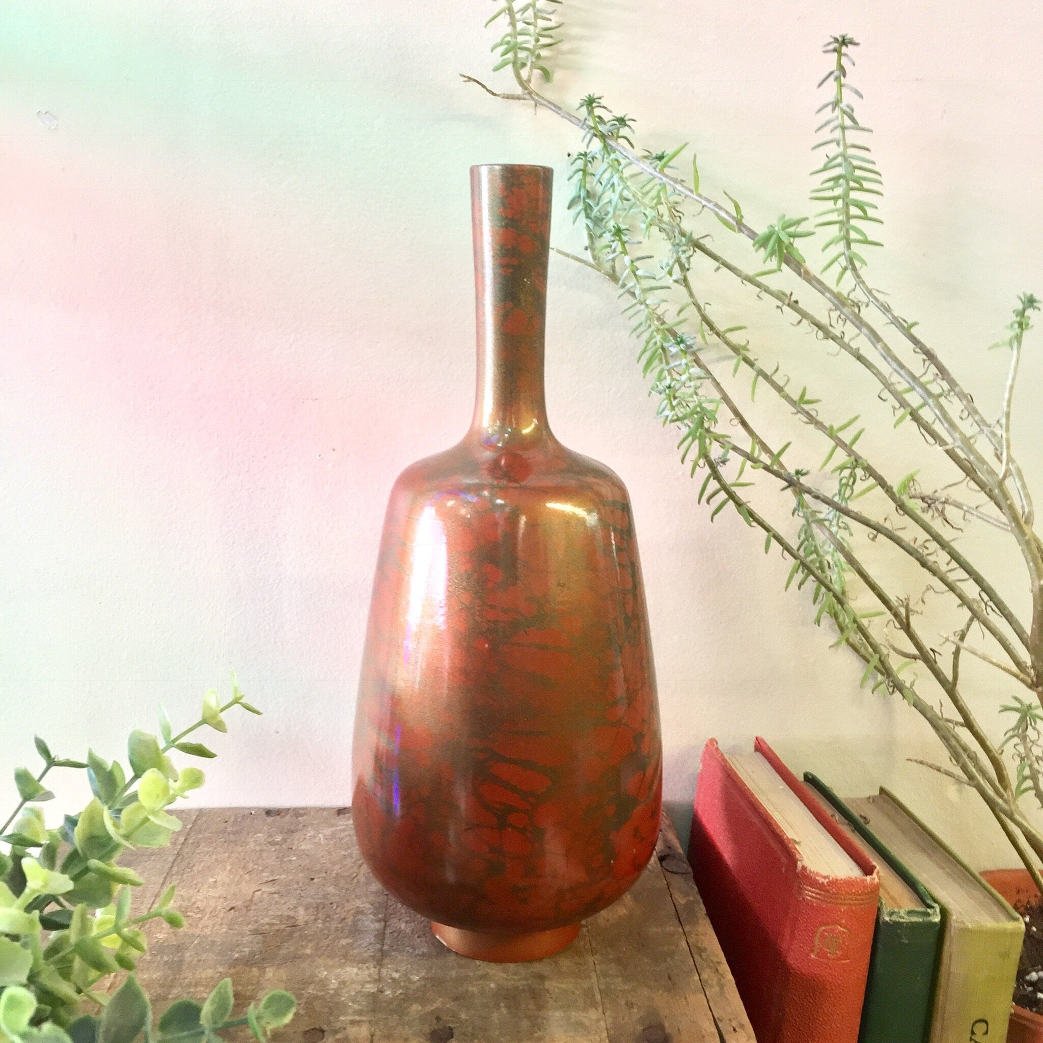 Vintage Metal Vase, Vintage Home Decor, Metal Decor, Orange, Gold, Crackle, Centerpiece, Wedding Decor, Skinny Vase, Bottle, Unique