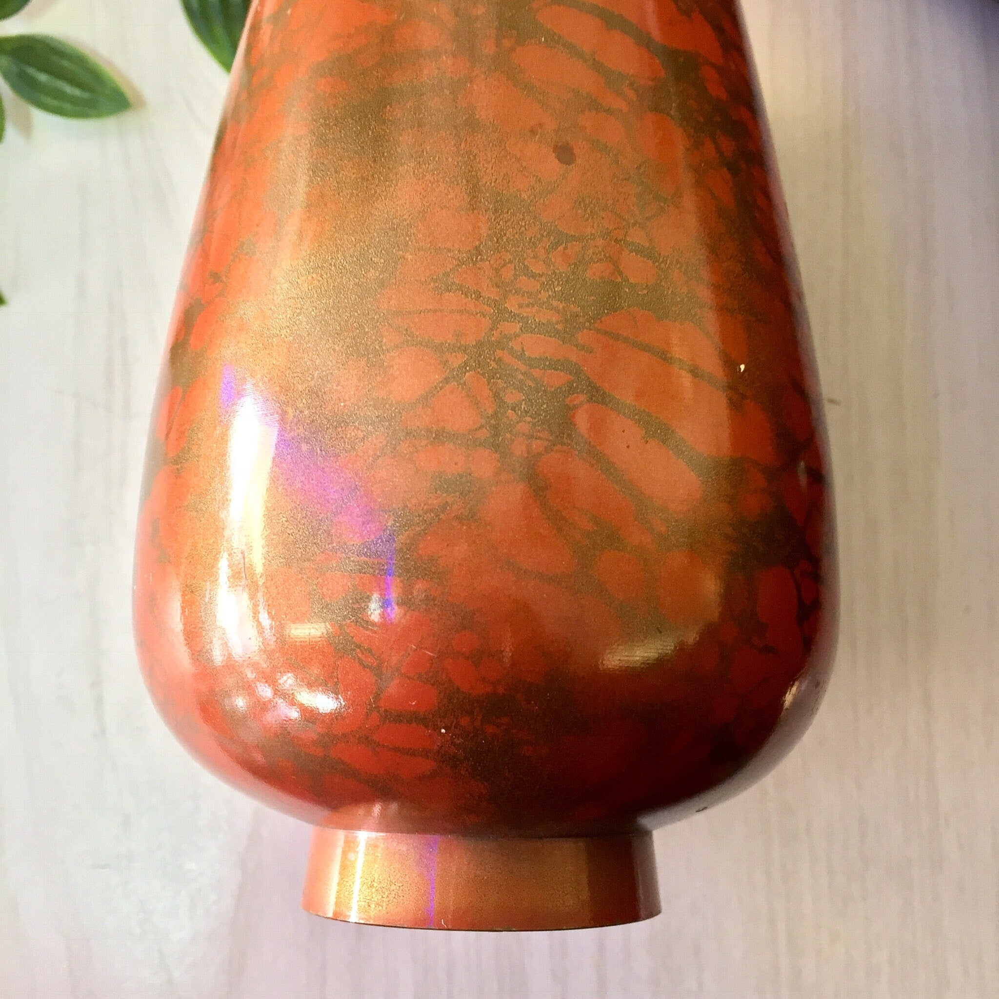 Vintage Metal Vase, Vintage Home Decor, Metal Decor, Orange, Gold, Crackle, Centerpiece, Wedding Decor, Skinny Vase, Bottle, Unique