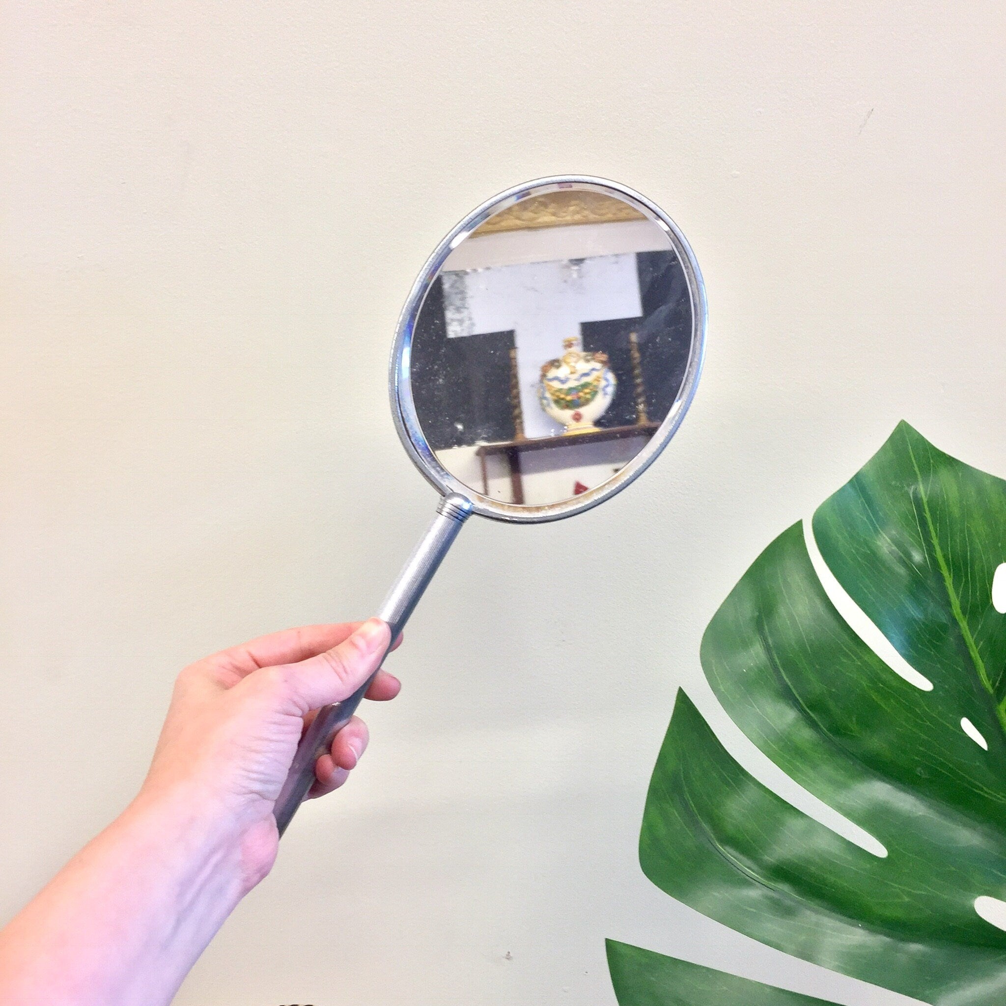 Vintage Mirror, Handheld Mirror, Vanity Mirror, Vintage Home Decor, Yellow, Chrome, Silver Tone, Bow, Makeup, Hair, Retro, Gift for Mom