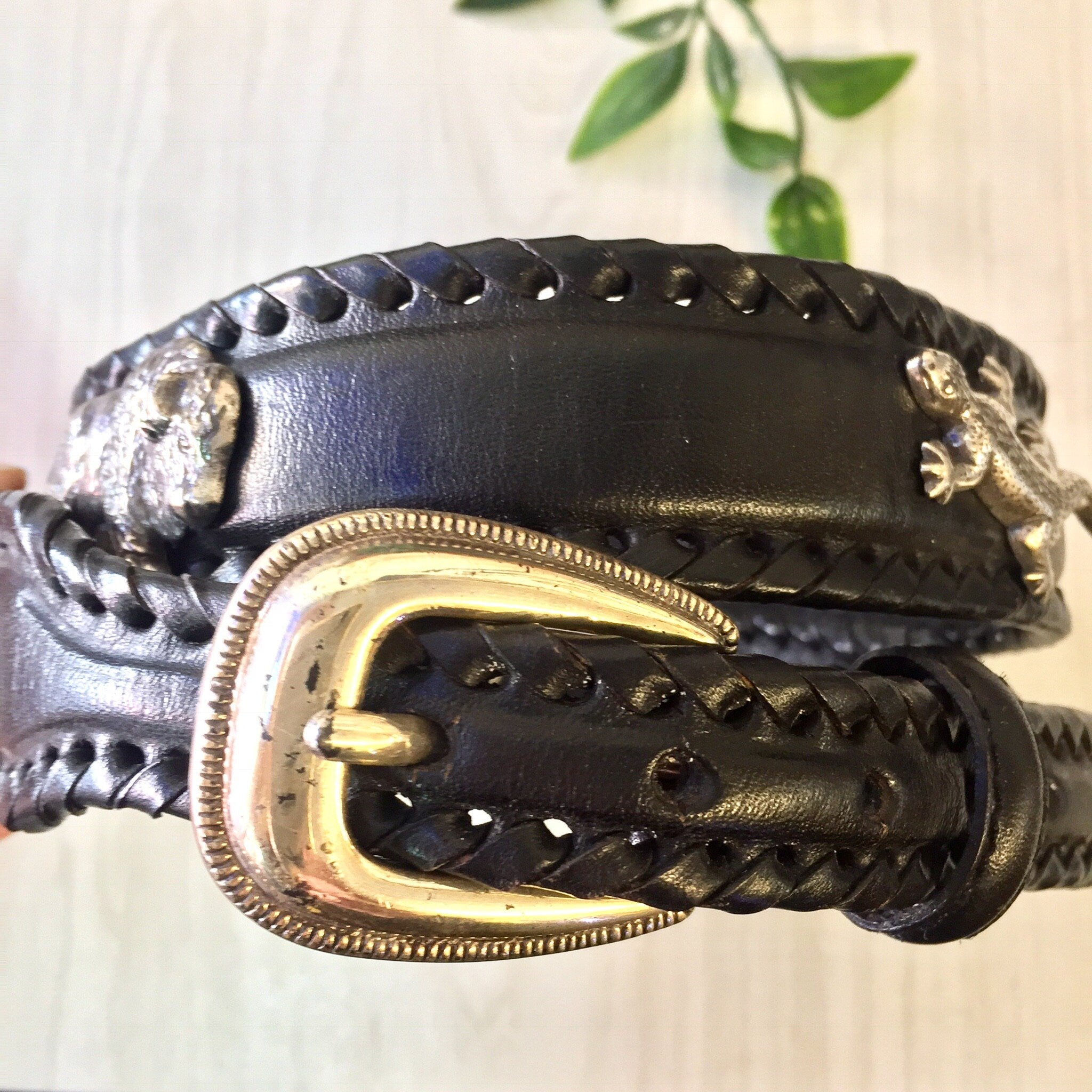 Vintage Brighton Belt, Black Leather Belt, Animal Belt, Silver Tone, Vintage Belt, Vintage Accessories, Lion, Alligator, Lizard, Buffalo