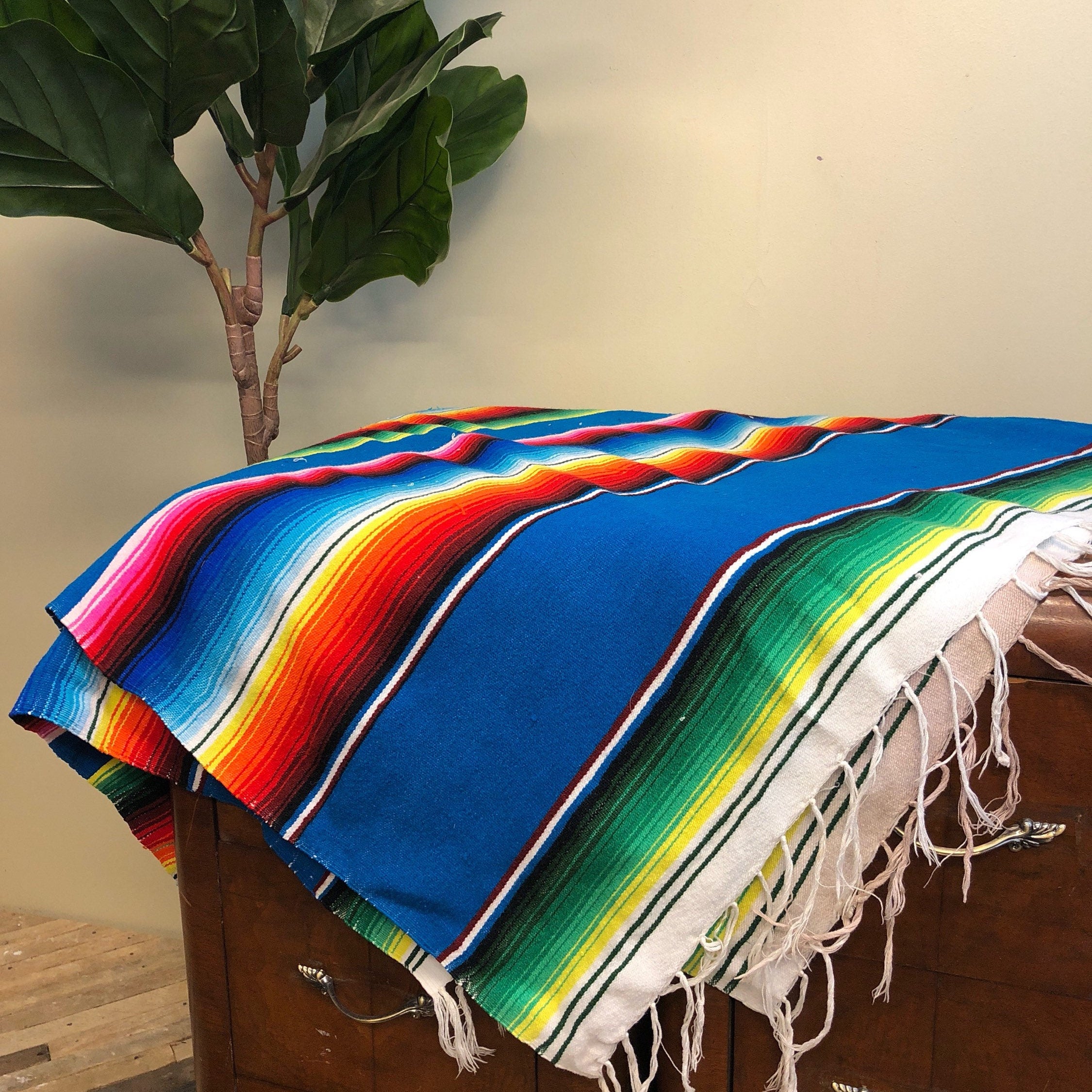Vintage Saltillo Wool blanket colorful Western Mexican hippy boho warm large