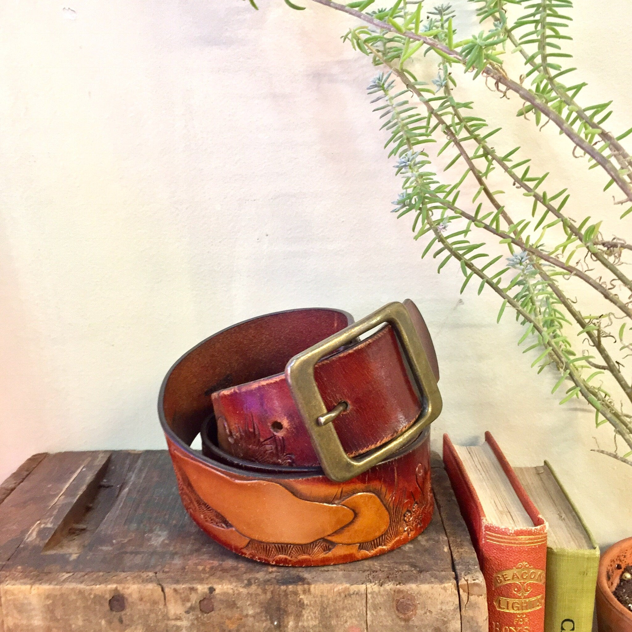 Vintage Leather Belt | Leegin Leather | Leegin Belt | Brown Leather belt | Brass Buckle | Mushroom Belt | Hippie | Bohemian | Tooled Belt |