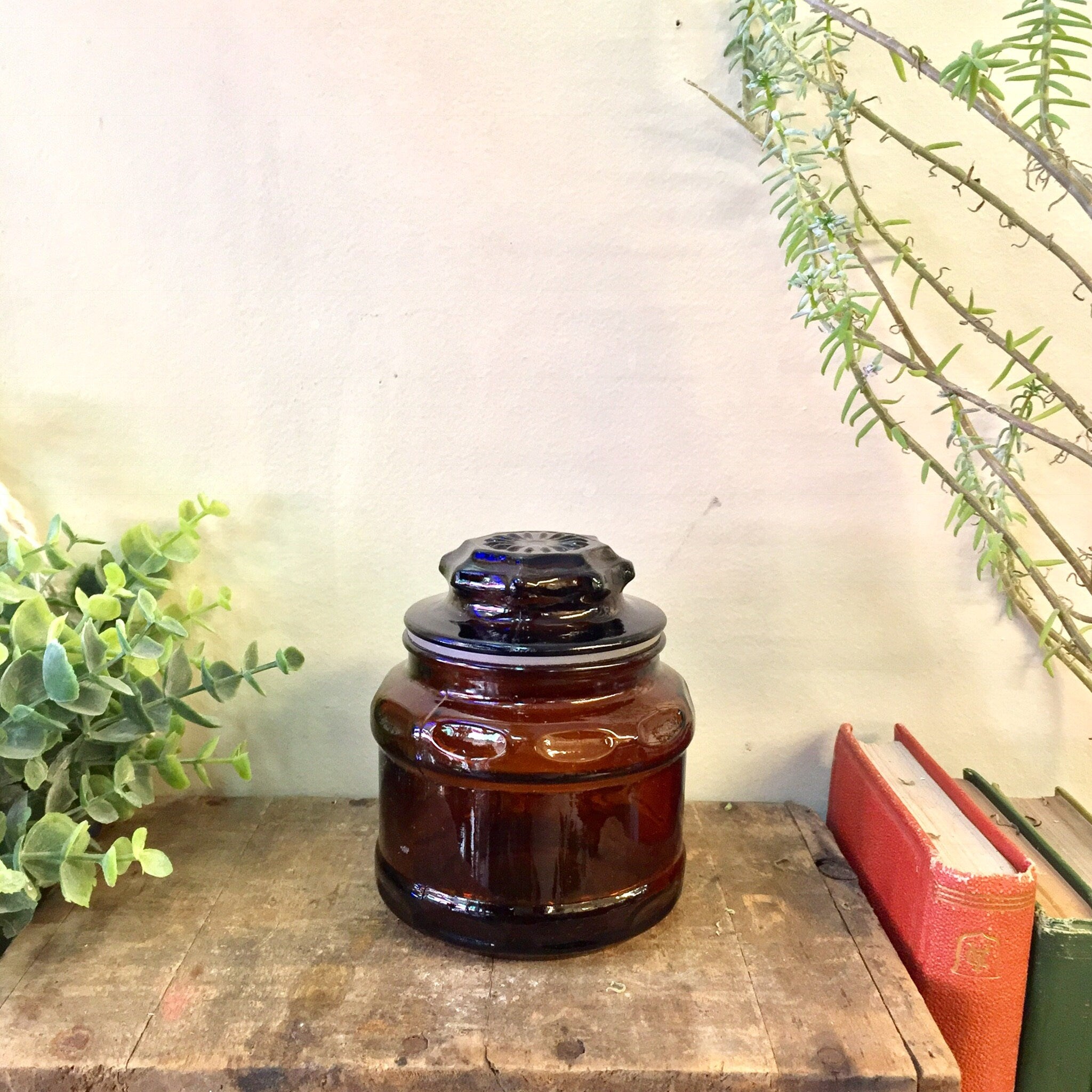 Vintage Apothecary Jar, Brown Jar, Lidded Jar, Small Jar, Apothecary, Vintage Home Decor, Small Brown Jar, Lidded Container, Brown Glass