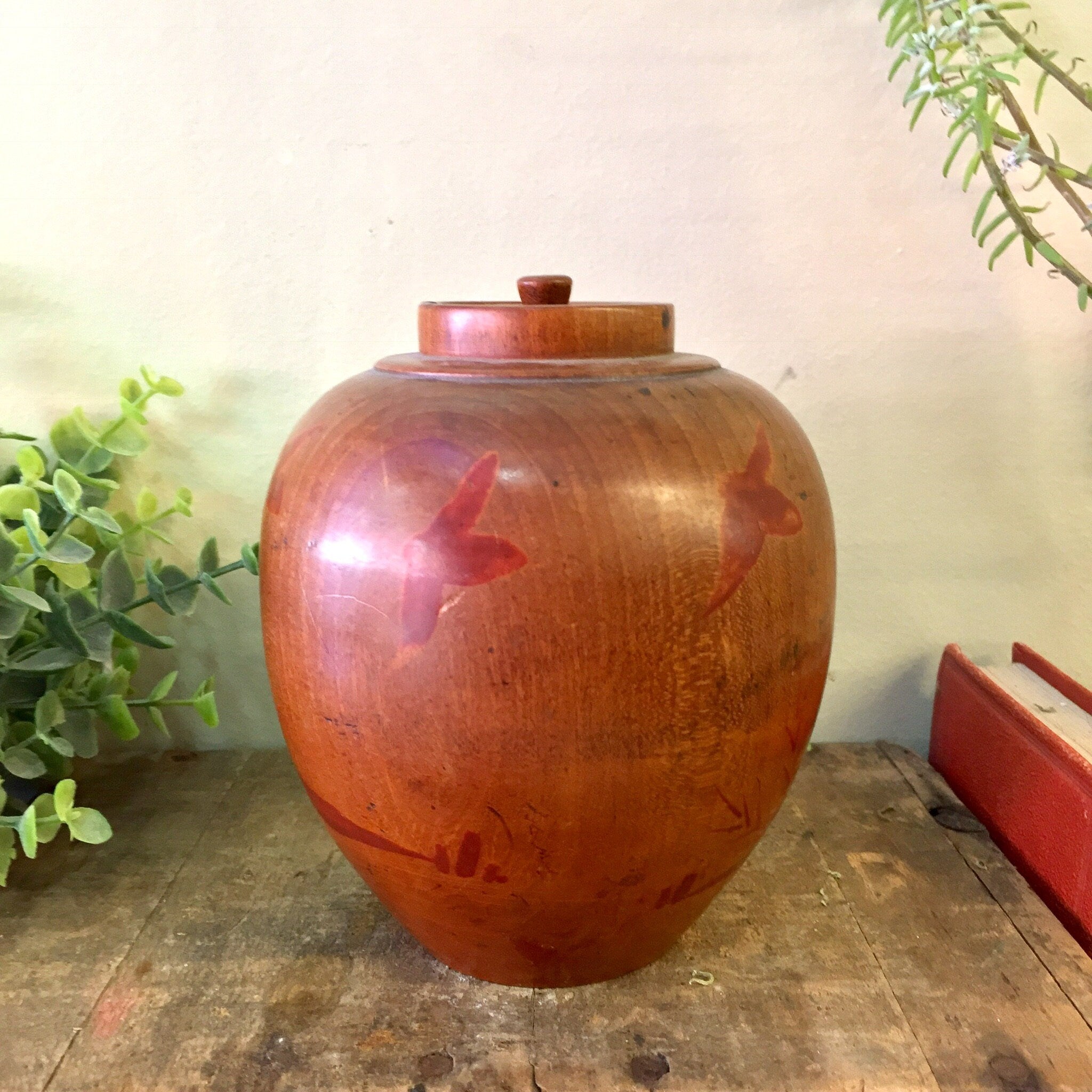 Vintage Wooden Jar, Vintage Home Decor, Wood Container, Lidded Container, Painted Wood, Carved Wood, Wooden Urn, Brown, Red, Birds, Gift