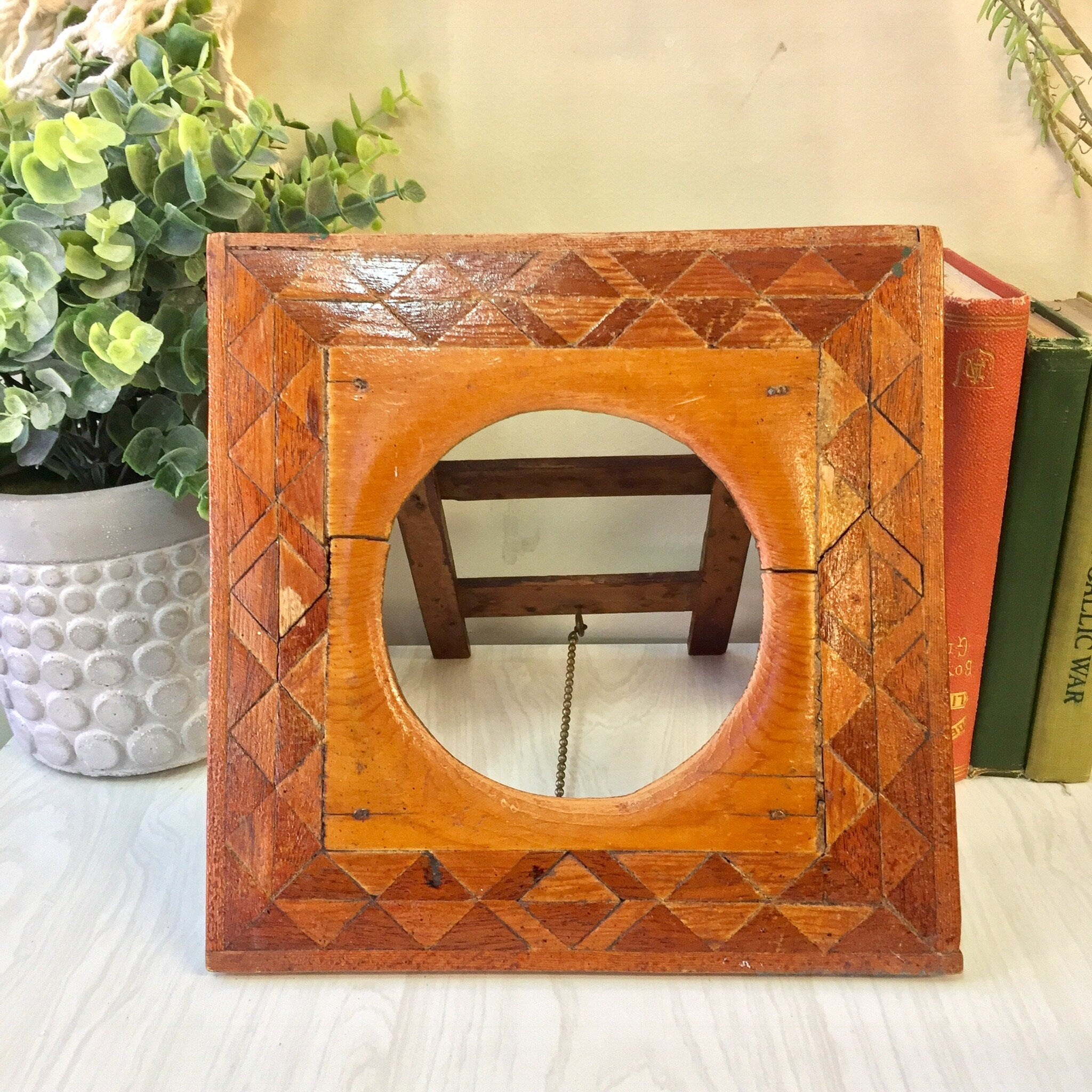Vintage Wooden Picture Frame, Vintage Home Decor, Wooden Frame, Geometric, Triangles, Standing Frame, Inlaid Wood, Handmade, Gift for Mom