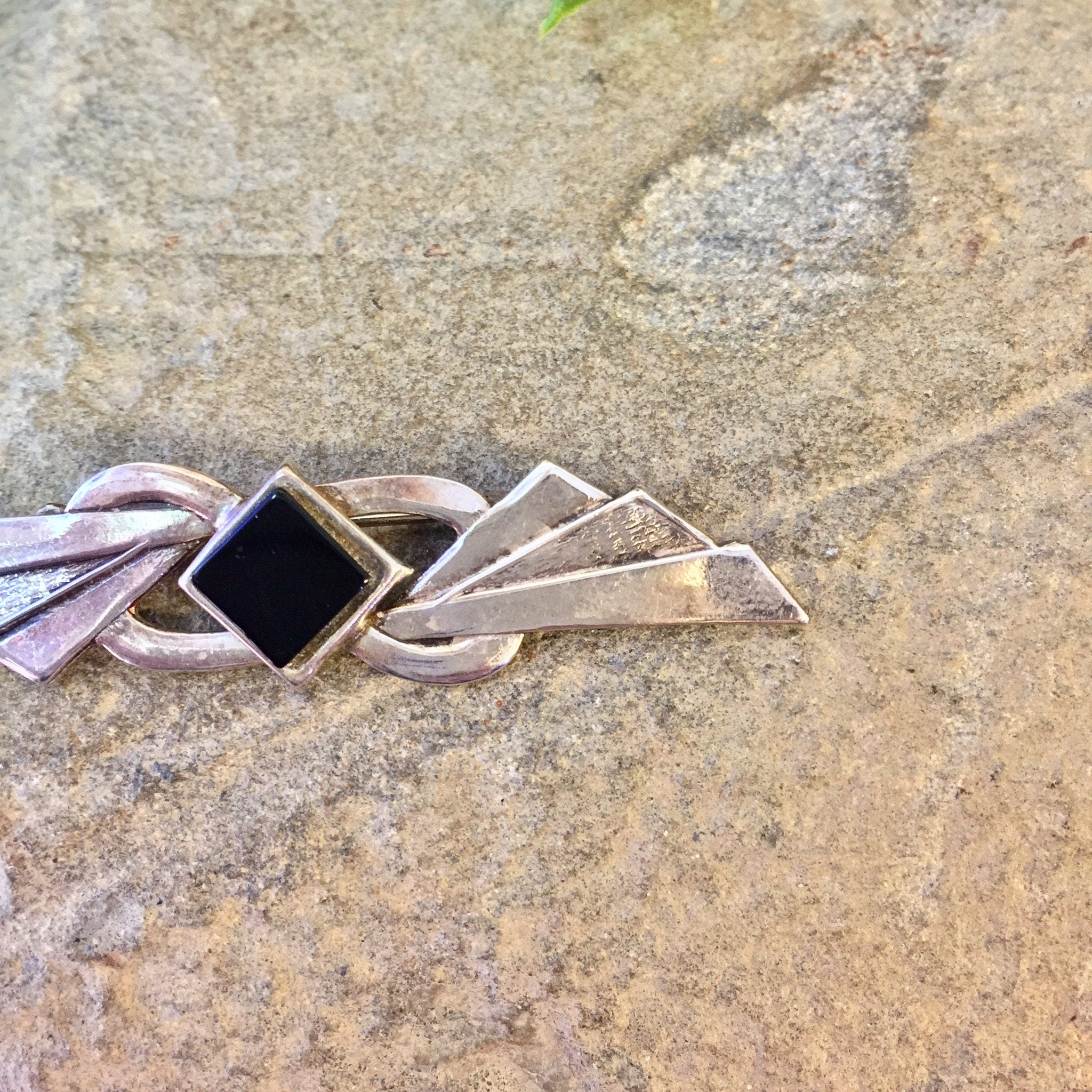 Vintage Silver Brooch, Sterling Silver, Vintage Jewelry, Black Onyx, Vintage Brooch, Pin, Abstract Design, Art Deco Pin, Gift for Mom,