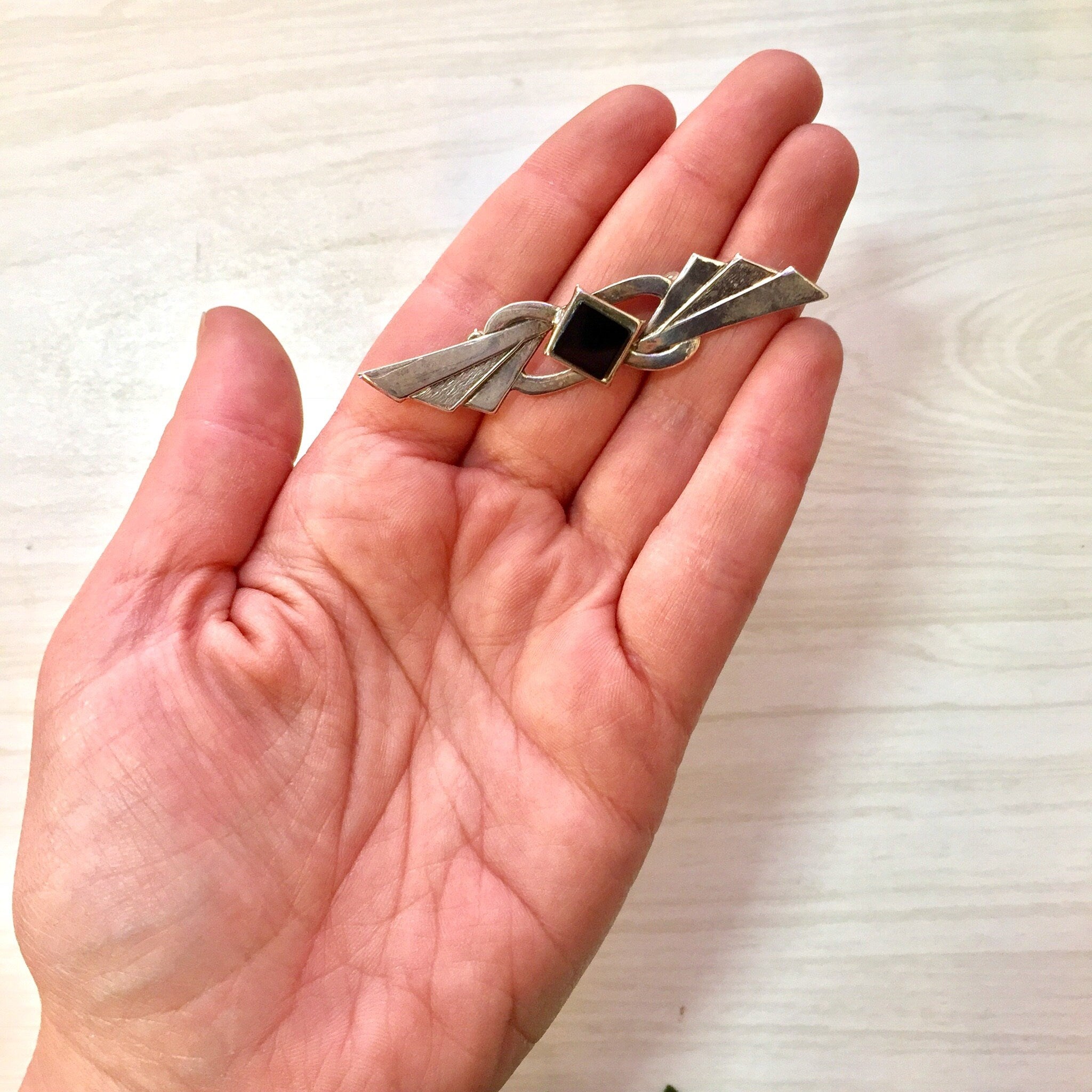 Vintage Silver Brooch, Sterling Silver, Vintage Jewelry, Black Onyx, Vintage Brooch, Pin, Abstract Design, Art Deco Pin, Gift for Mom,