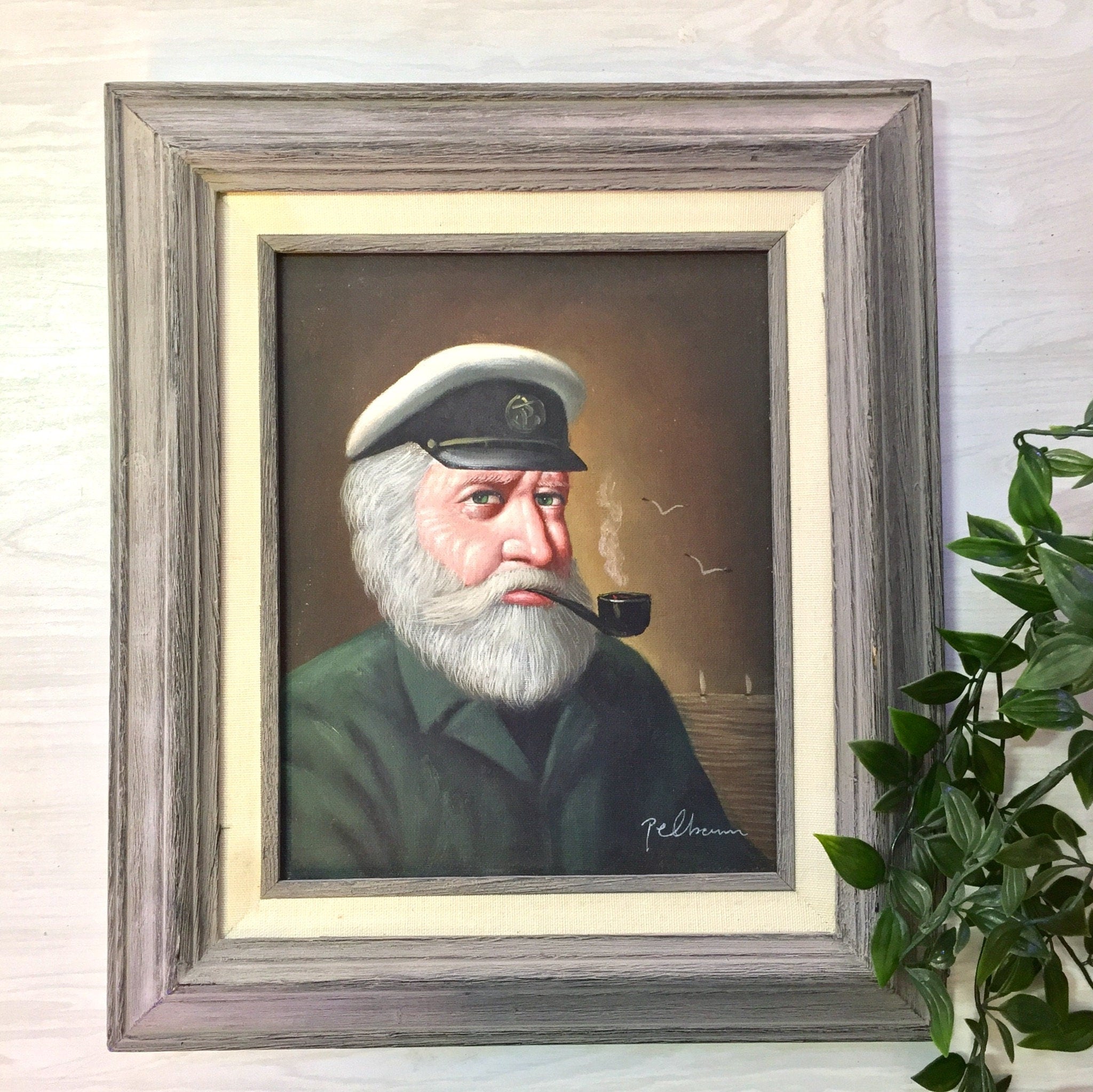 Vintage Framed Art, Artwork, Fisherman, Painting, Wood Frame, Pipe, Captain Painting, Birds, Ocean, Sea, Vintage Art, Vintage Wall Decor