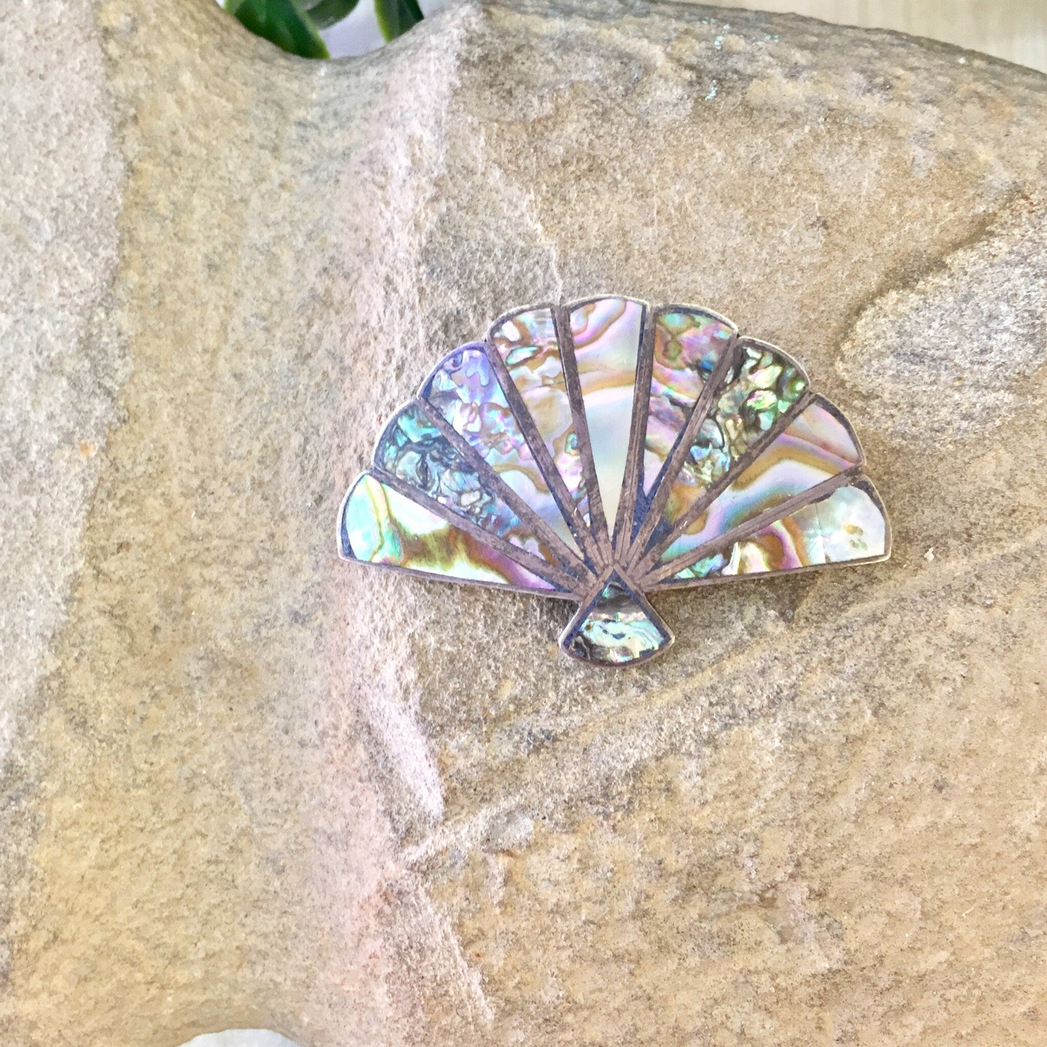 Vintage Silver Brooch, Sterling Silver, Vintage Pendant, Vintage Jewelry, Abalone Jewelry, Shell Jewelry, Fan Brooch, Fan Jewelry, Abalone,