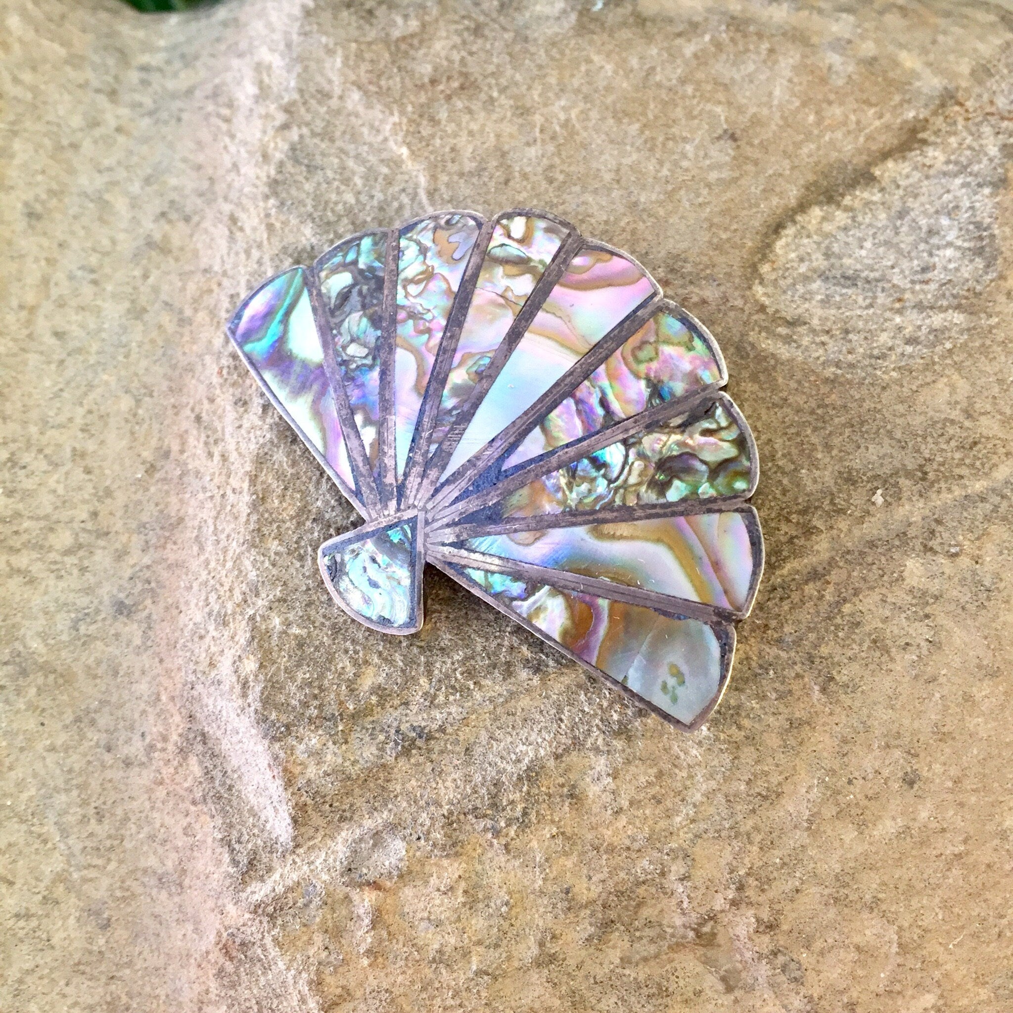 Vintage Silver Brooch, Sterling Silver, Vintage Pendant, Vintage Jewelry, Abalone Jewelry, Shell Jewelry, Fan Brooch, Fan Jewelry, Abalone,