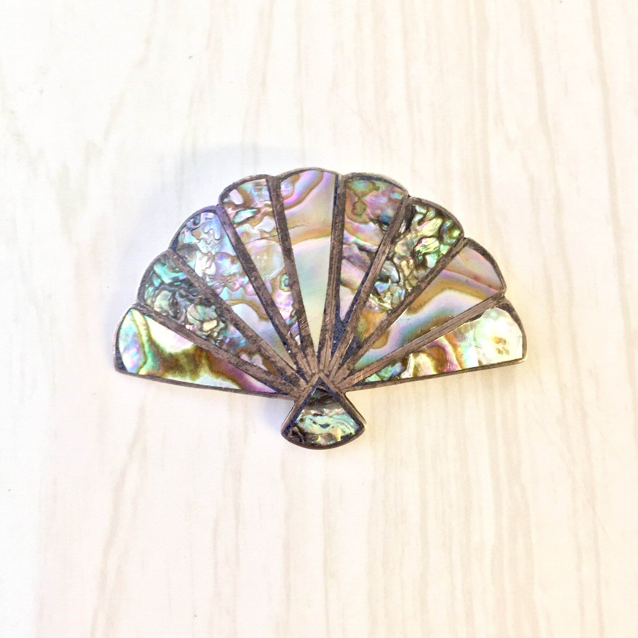Vintage Silver Brooch, Sterling Silver, Vintage Pendant, Vintage Jewelry, Abalone Jewelry, Shell Jewelry, Fan Brooch, Fan Jewelry, Abalone,