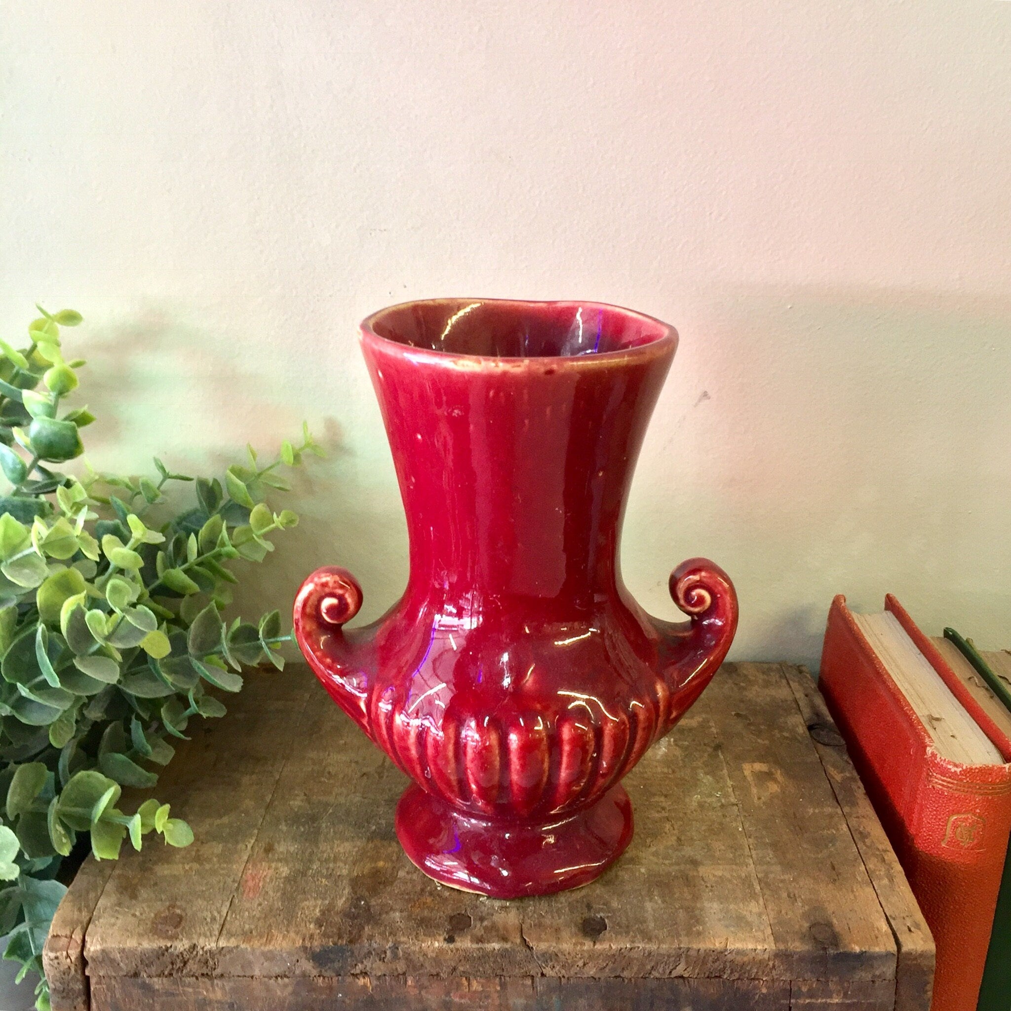 Vintage Vase, Red Ceramic Vase, Glazed Pottery, Red Vase, Small Vase, Centerpiece, Floral Arrangement, Pottery, Flowers, Red, Gift for Mom