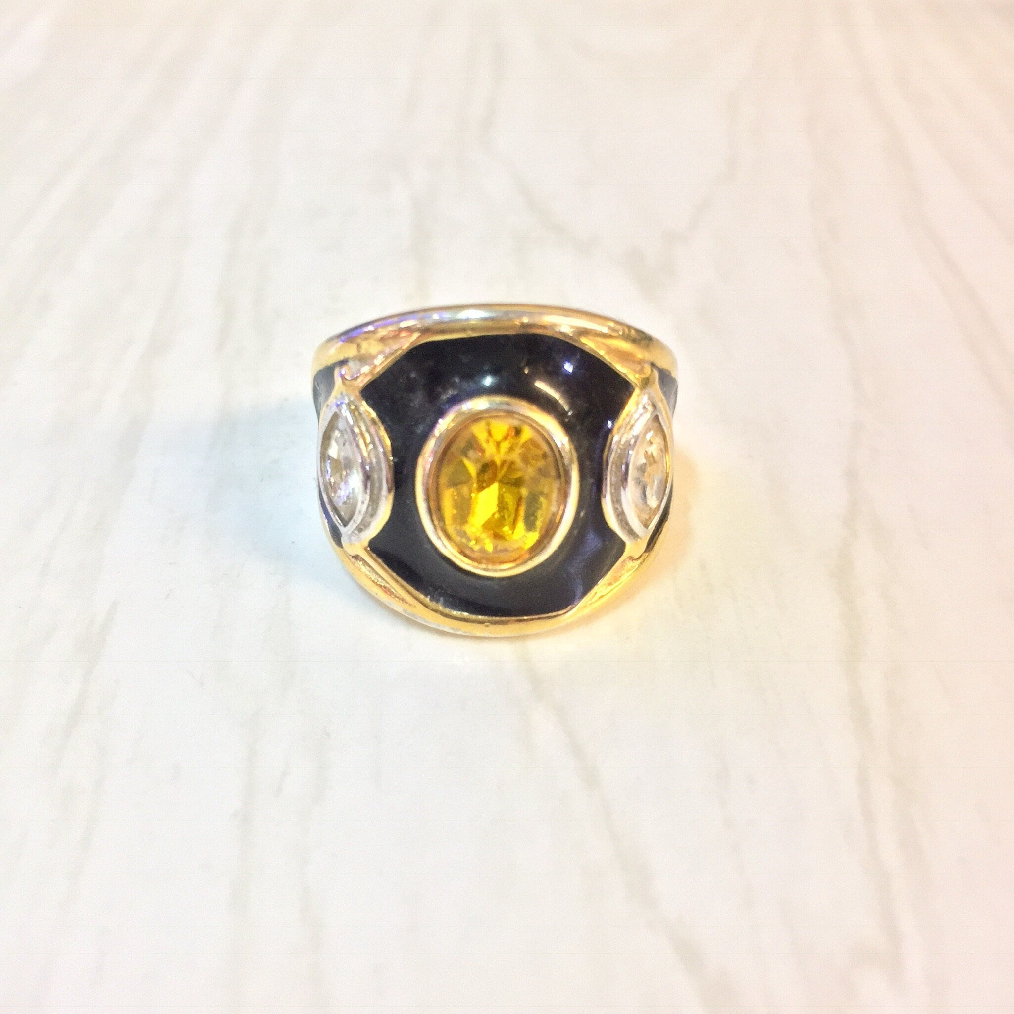 Vintage Gold Ring, Gold Tone Ring, Costume Jewelry, Black and Gold, Yellow Stone, Vintage Jewelry, Statement Ring, Cocktail Ring, Fashion
