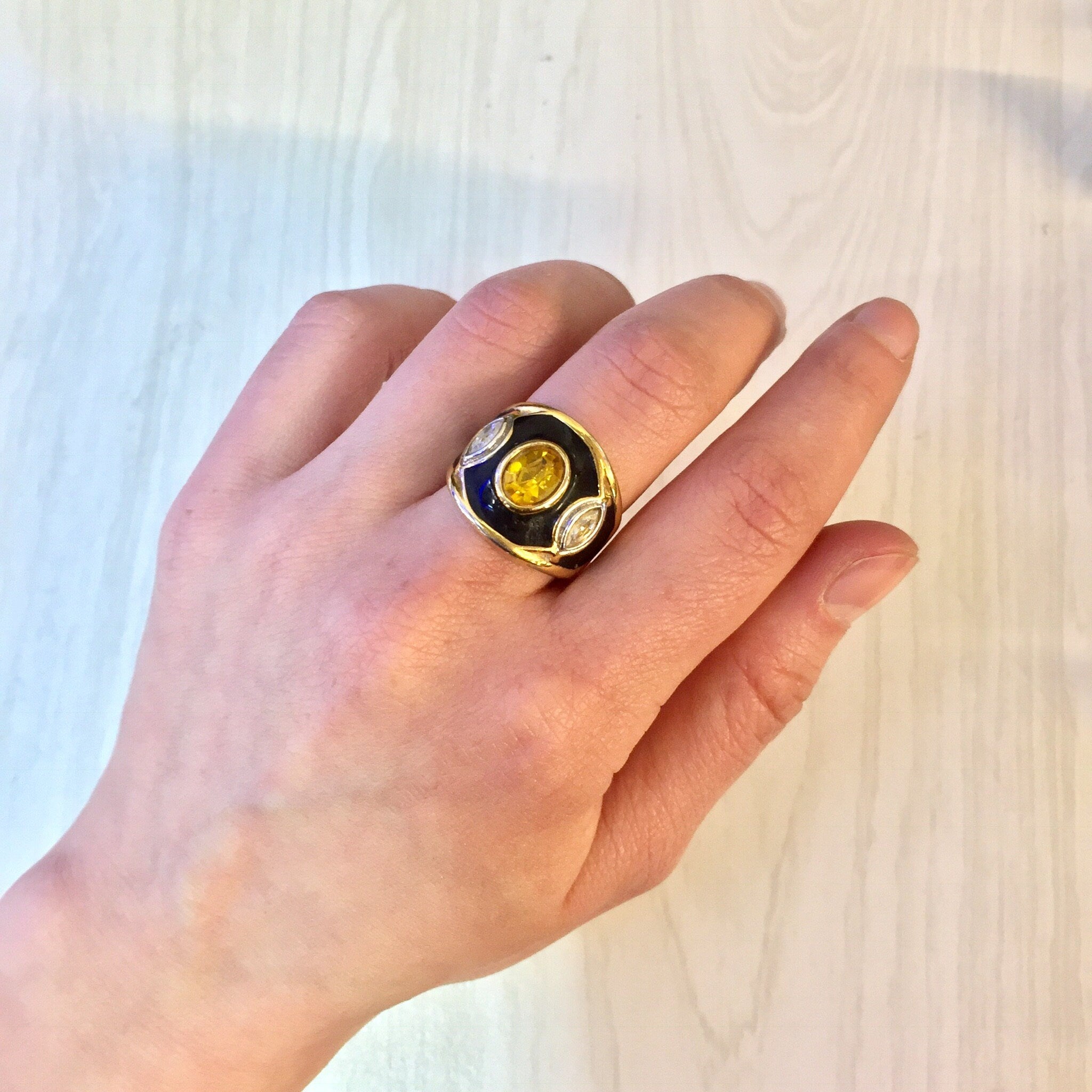 Vintage Gold Ring, Gold Tone Ring, Costume Jewelry, Black and Gold, Yellow Stone, Vintage Jewelry, Statement Ring, Cocktail Ring, Fashion