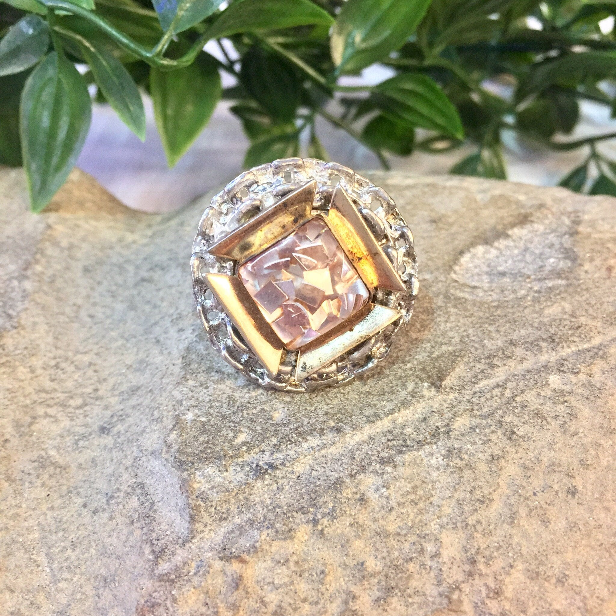 Vintage Silver Ring, Silver Tone Ring, Costume Jewelry, Cocktail Ring, Statement Ring, Big Ring, Double Band Ring, Pink, Silver, Gold, Rose