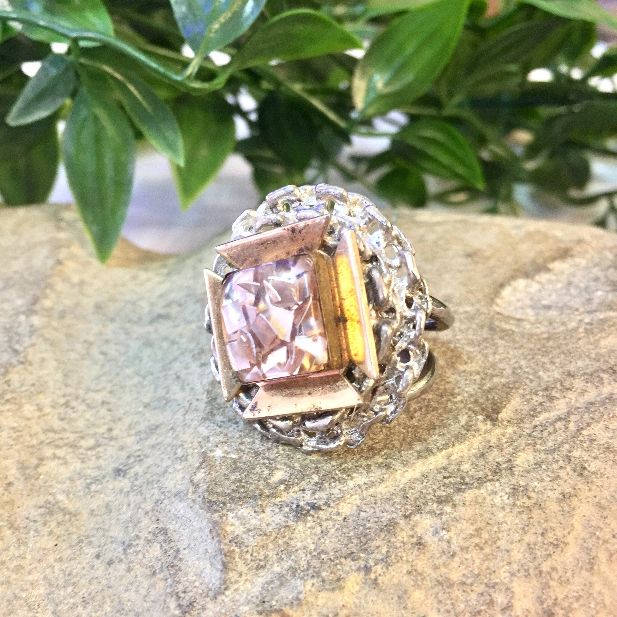 Vintage Silver Ring, Silver Tone Ring, Costume Jewelry, Cocktail Ring, Statement Ring, Big Ring, Double Band Ring, Pink, Silver, Gold, Rose