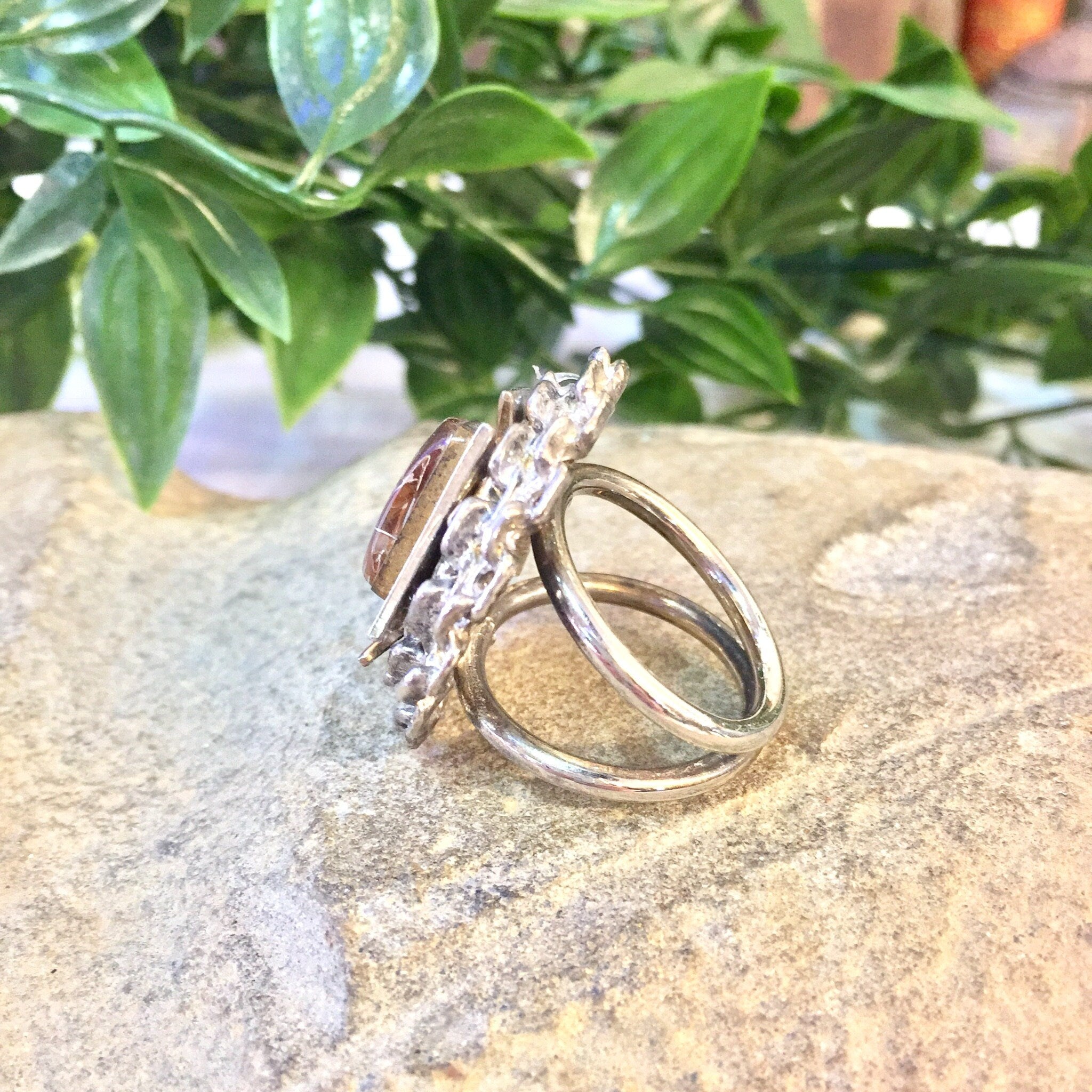 Vintage Silver Ring, Silver Tone Ring, Costume Jewelry, Cocktail Ring, Statement Ring, Big Ring, Double Band Ring, Pink, Silver, Gold, Rose