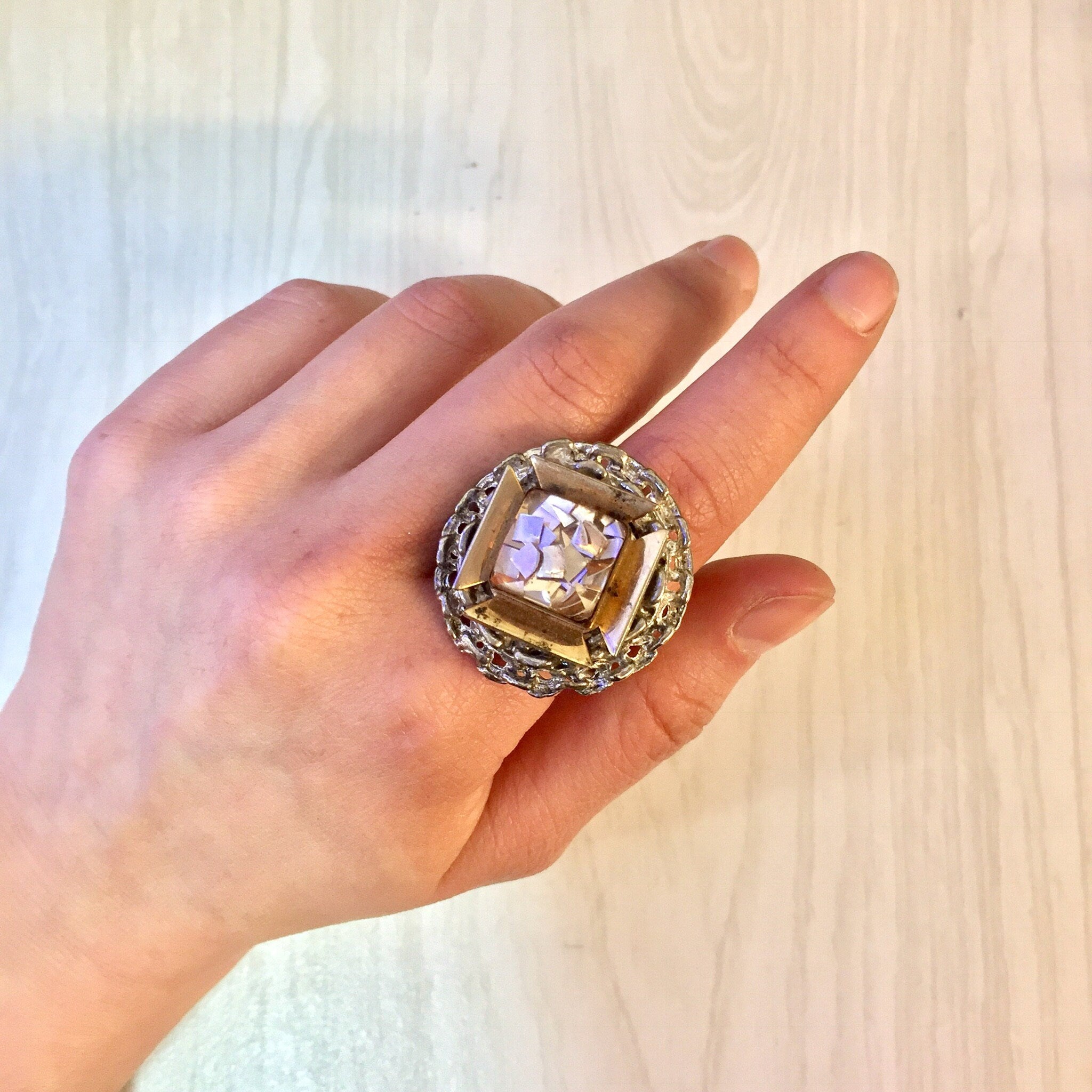 Vintage Silver Ring, Silver Tone Ring, Costume Jewelry, Cocktail Ring, Statement Ring, Big Ring, Double Band Ring, Pink, Silver, Gold, Rose